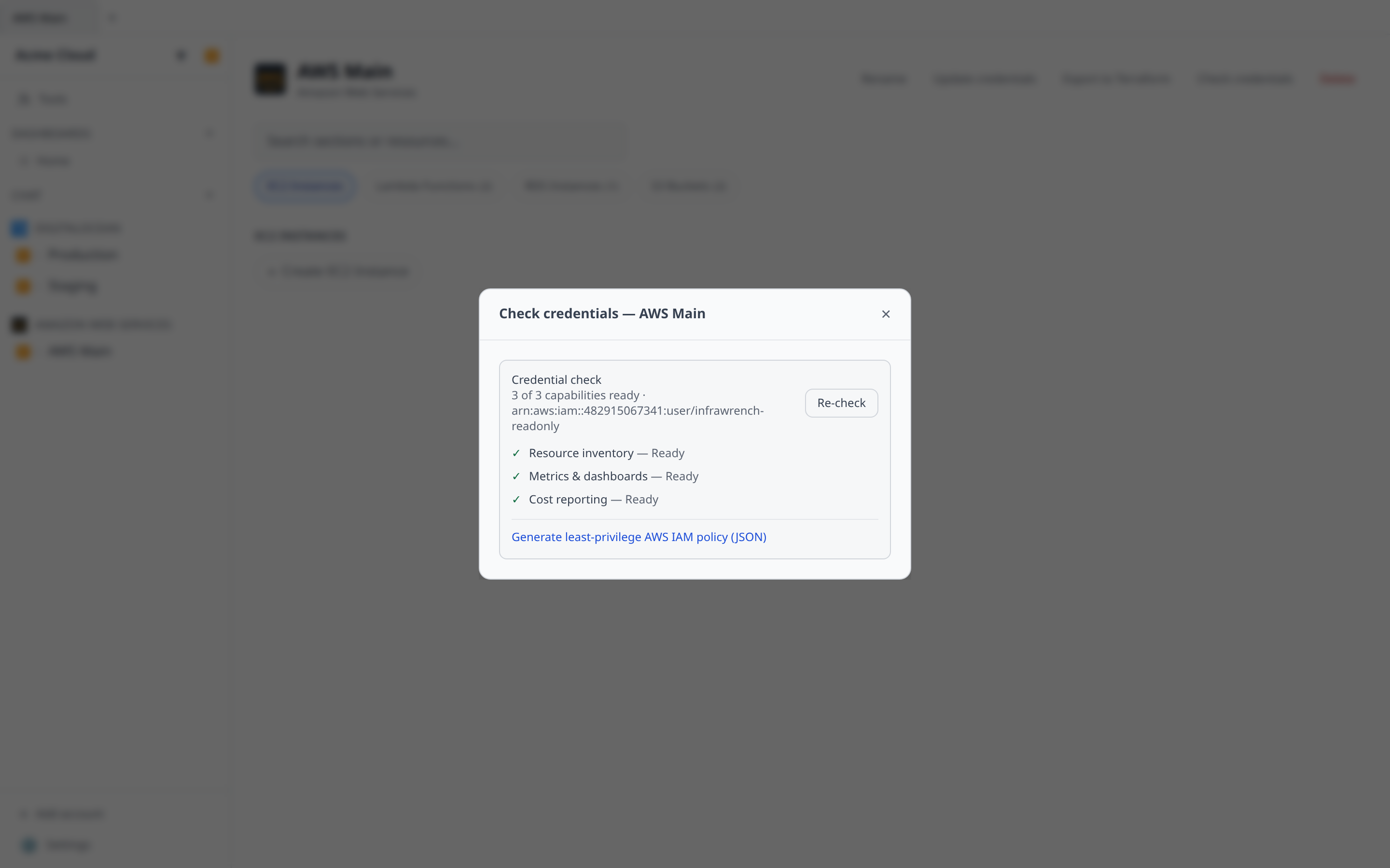Account settings page with the Check credentials button and the preflight modal showing the per-capability checklist