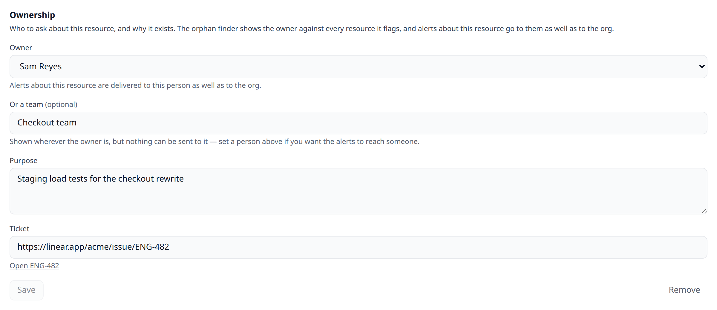 The Ownership tab on a resource detail view — the owner picker showing an org member selected, a free-text team field, a purpose textarea reading "Staging load tests for the checkout rewrite", and a ticket URL