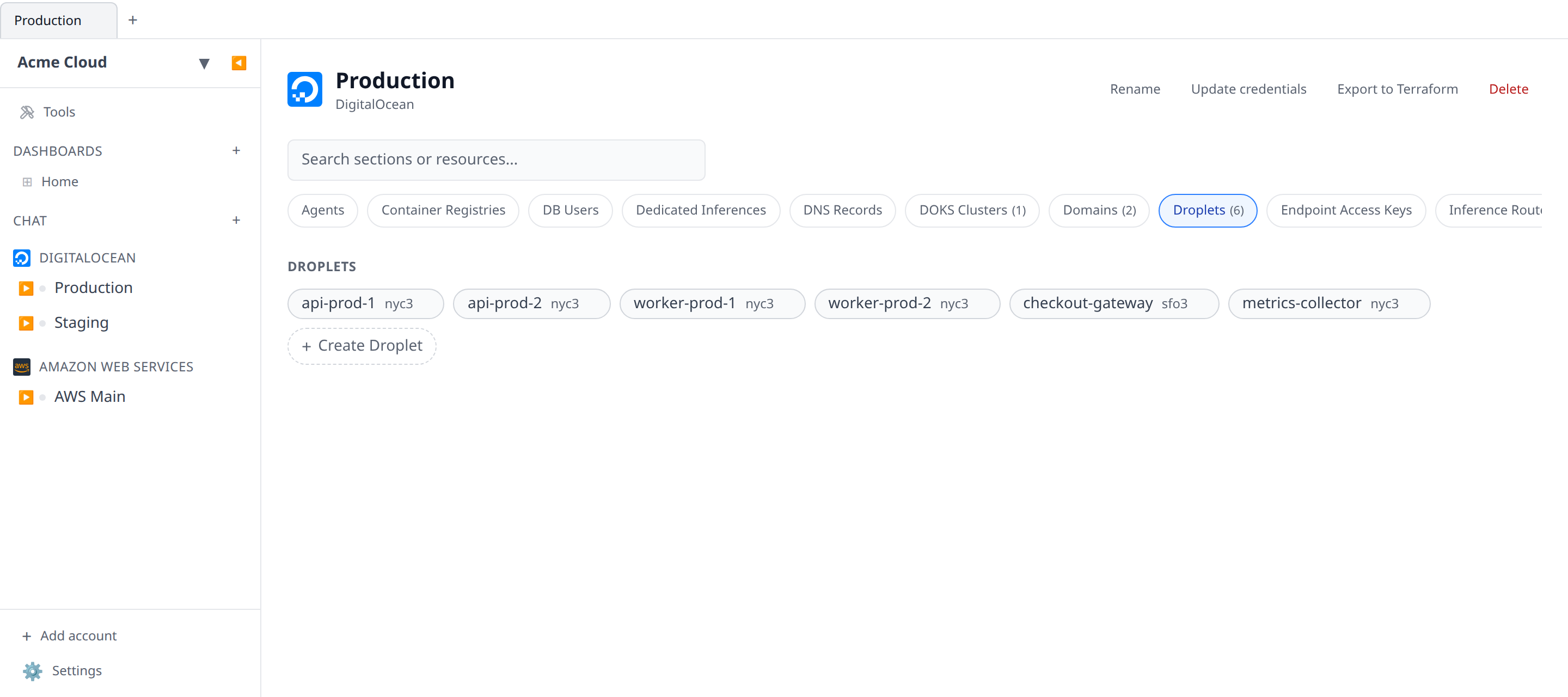 Account detail page header showing the Rename / Update credentials / Remove buttons