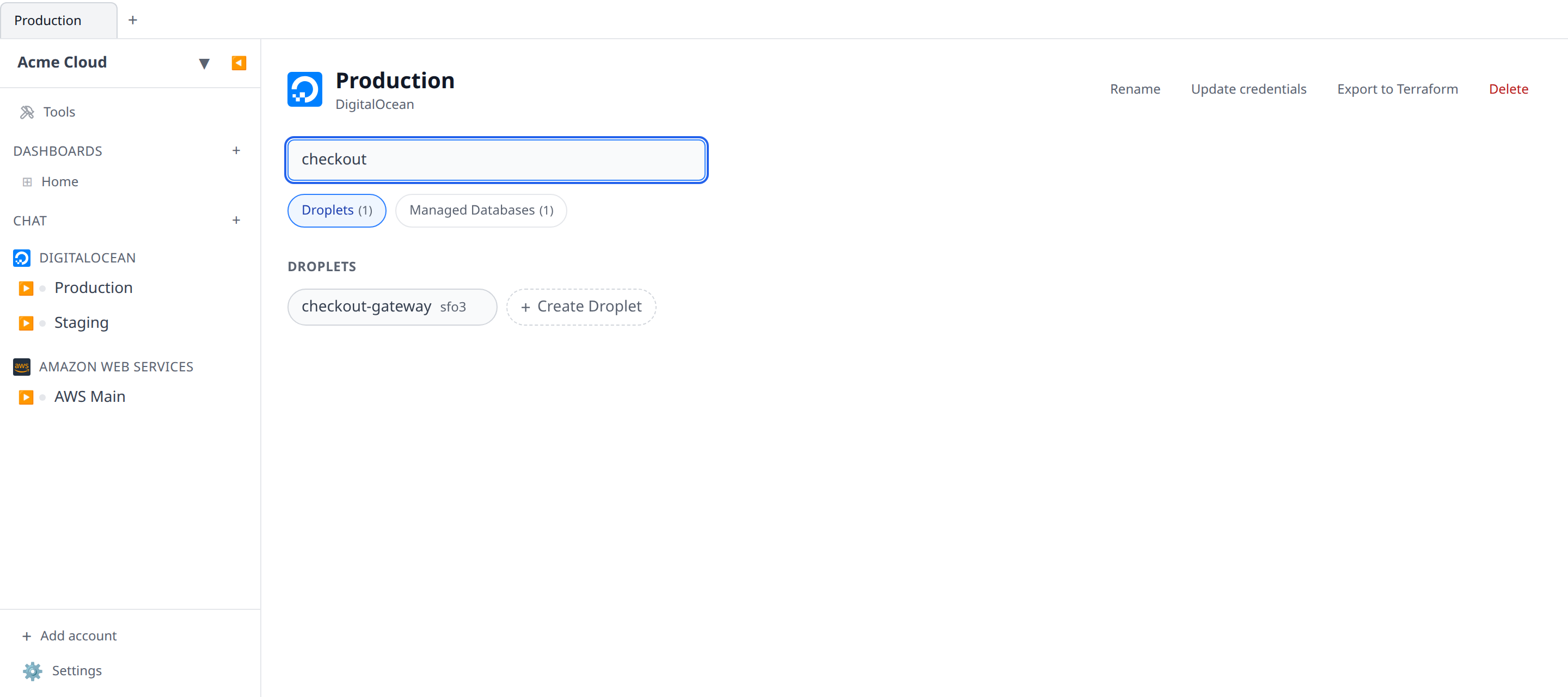 A DigitalOcean account page with a search query typed, narrowing the tab bar to the matching sections — with the search box empty, the same bar lists every resource type