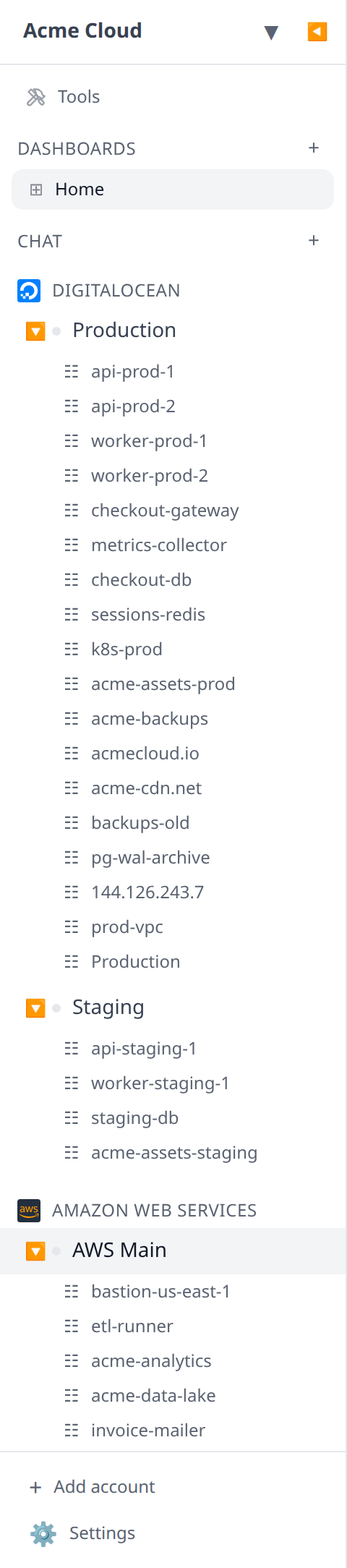 Sidebar showing two DigitalOcean accounts and one AWS account expanded