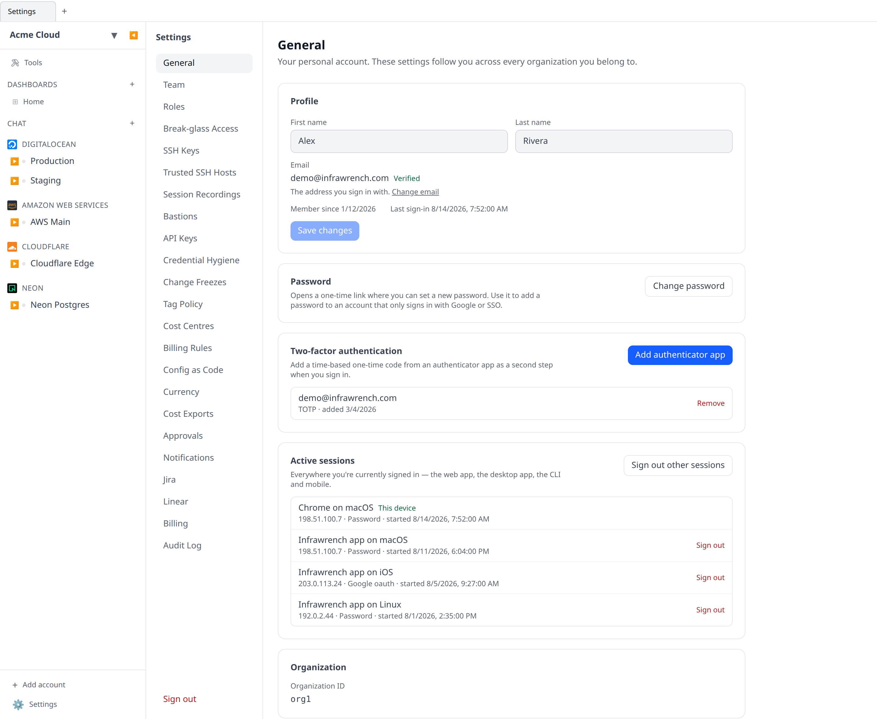 Settings → General showing the Profile, Password, Two-factor authentication, and Active sessions cards