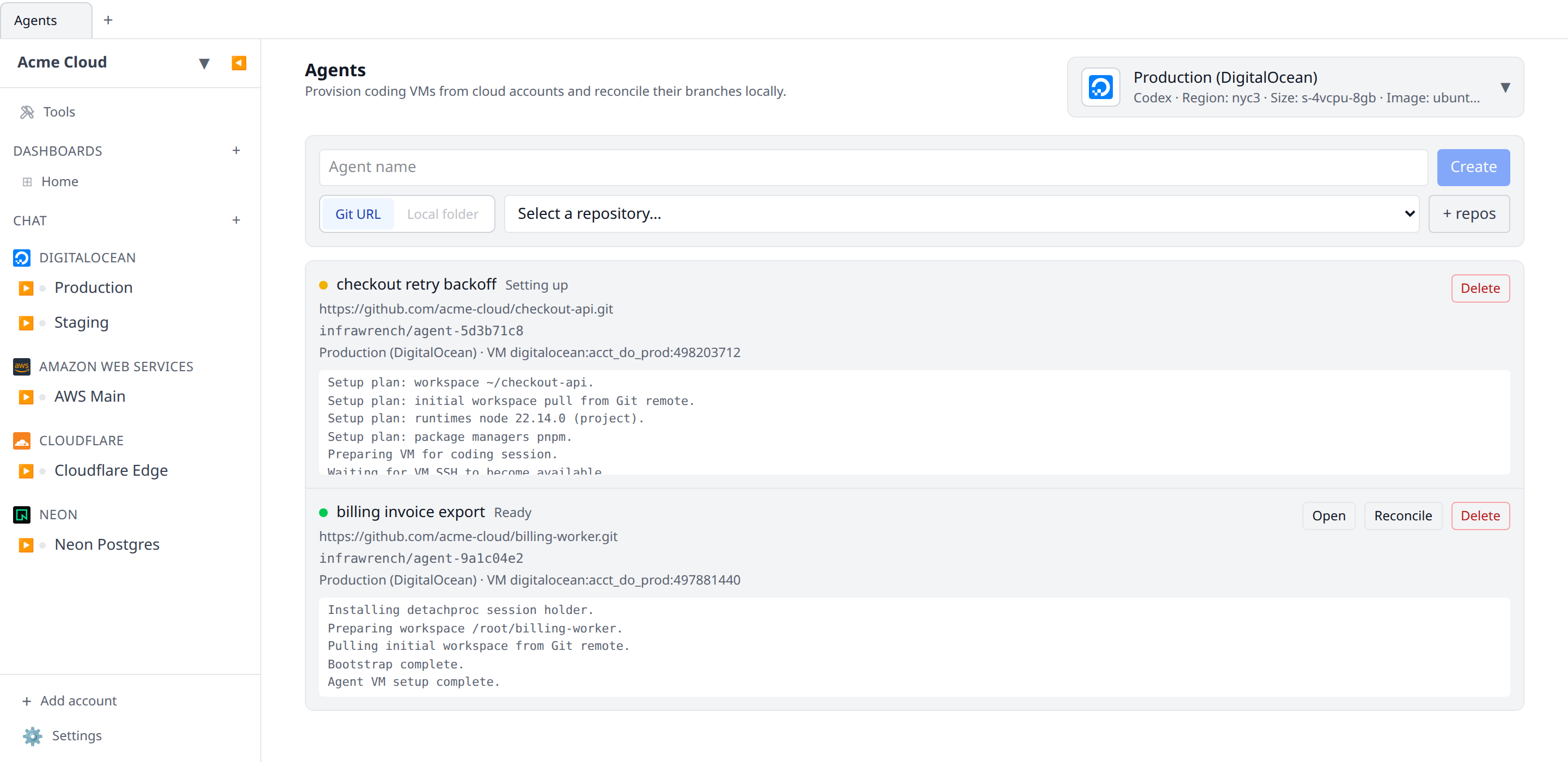 Agents panel showing the header configuration menu, repo input, and a setting-up agent session with its VM id