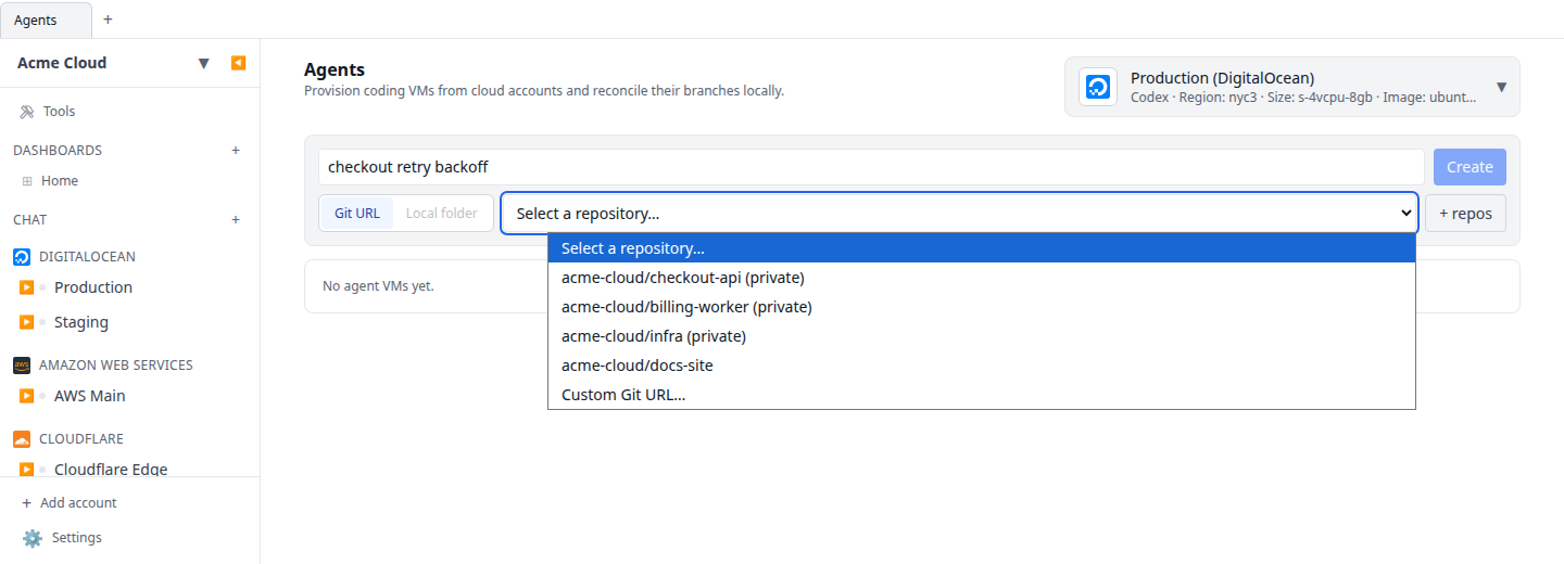 Agents session form on the web app with the GitHub repository picker open, showing a private repo entry, the Custom Git URL option, and the + repos button
