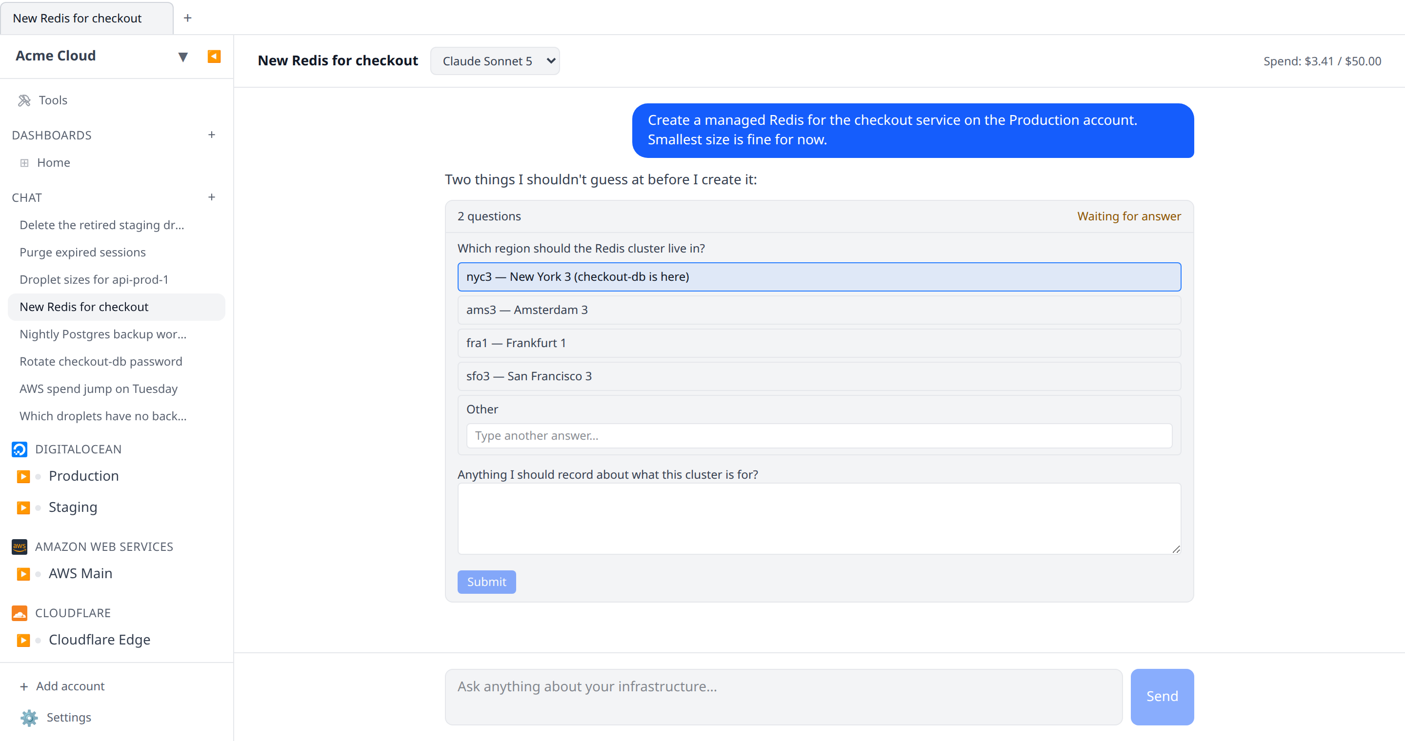 AI chat conversation paused on an ask-question card with a region selection, an Other text field, and a notes textarea