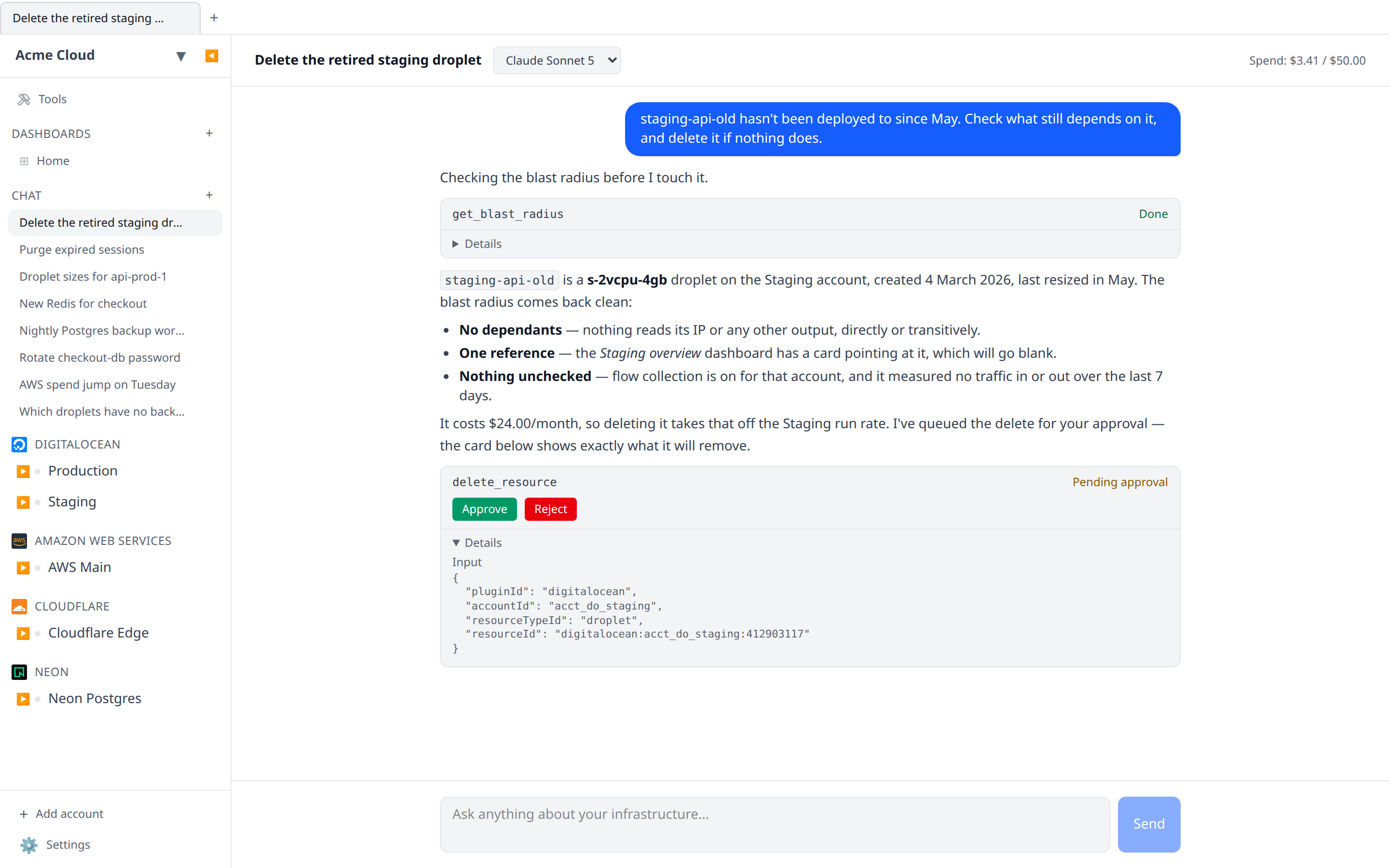 Chat page with a streamed assistant reply and a pending-approval card for a delete-resource tool use