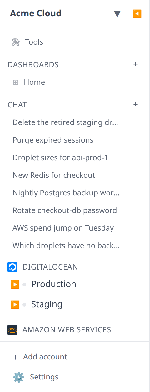 Sidebar Chat section showing several recent chat sessions with the + new-chat button