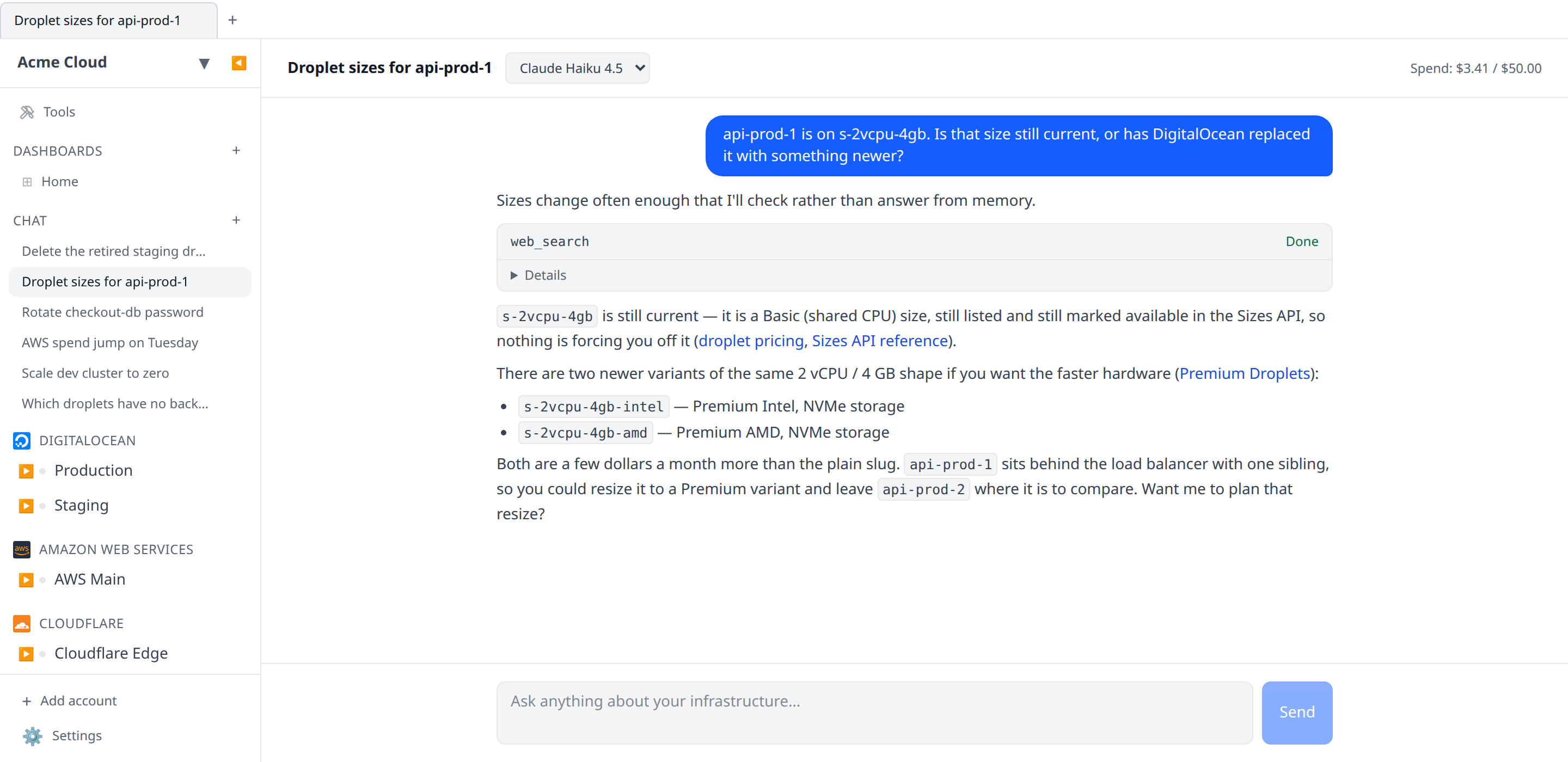 A chat turn where the agent used web_search: the tool card, and the reply below it citing linked sources
