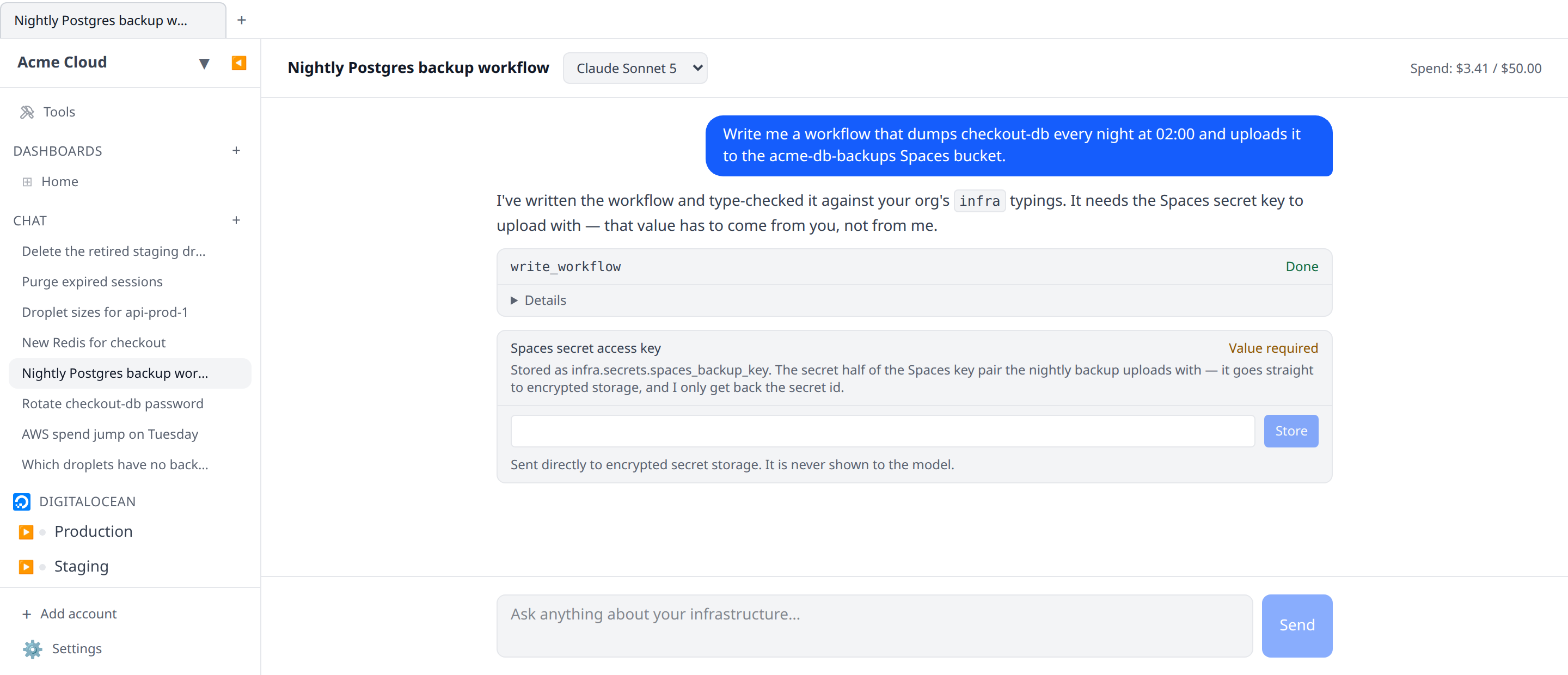 AI chat conversation paused on the secure workflow-secret password field, headed with the requested title and showing the "Value required" pill