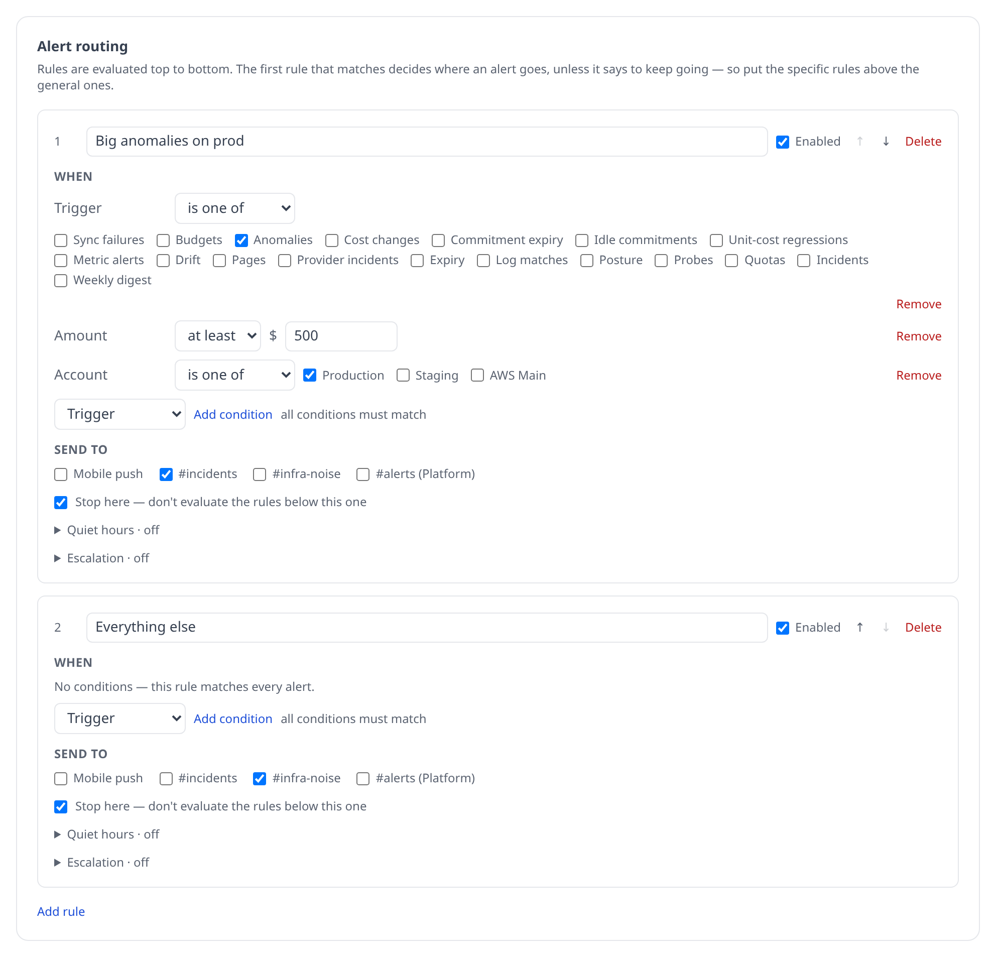 The Alert routing card in Settings → Notifications, showing two rules — a narrow "anomalies over $500 on prod → #incidents" above a broad "everything → #infra-noise" — with the first rule expanded to show its conditions