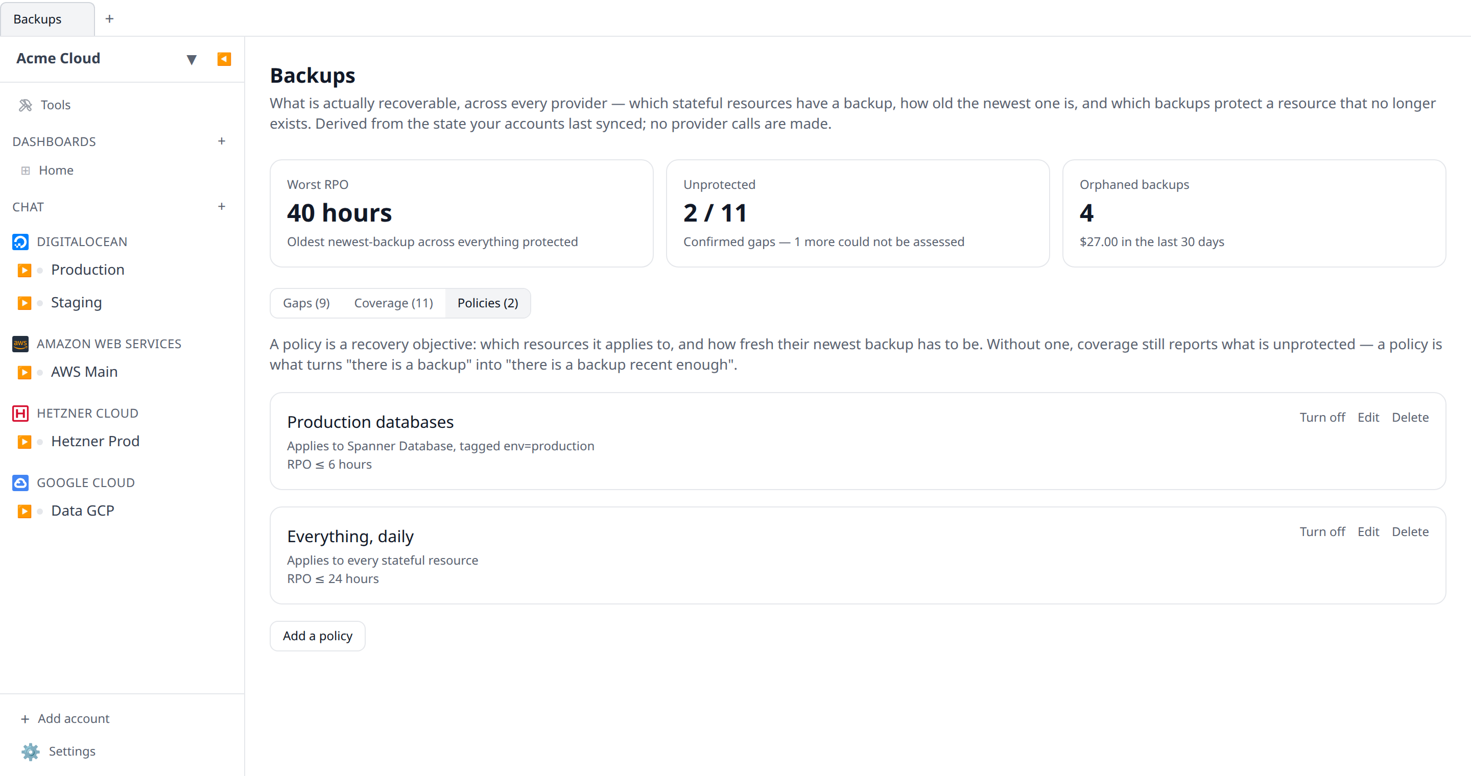 The Policies view with two policies listed — one selecting production-tagged databases with a 6 hour RPO, one applying to everything with a 24 hour RPO