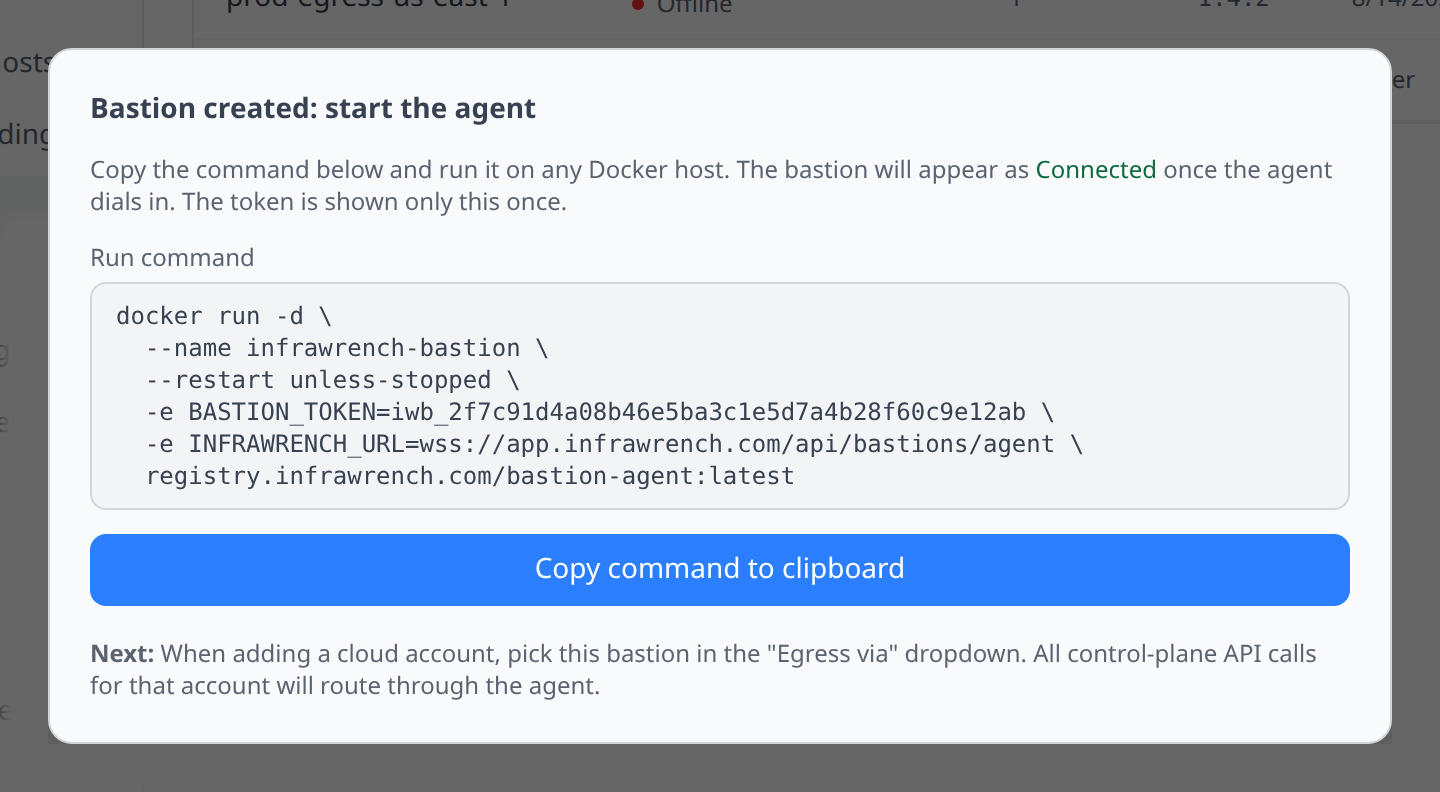 Bastion-created modal showing the docker run command with the enrollment token, a "Copy command to clipboard" button, and a follow-up tip pointing at the account add modal.