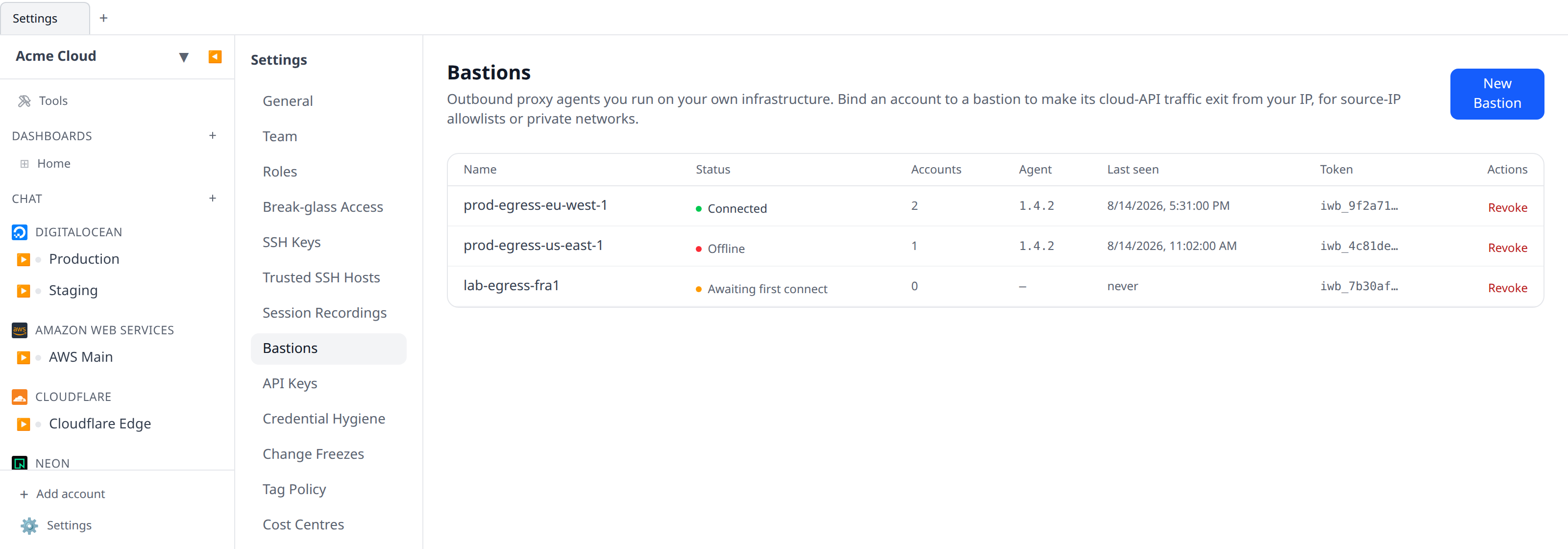 Settings → Bastions page showing the list of registered bastions with status pills (connected / offline / awaiting first connect) and a "New Bastion" button in the top right.