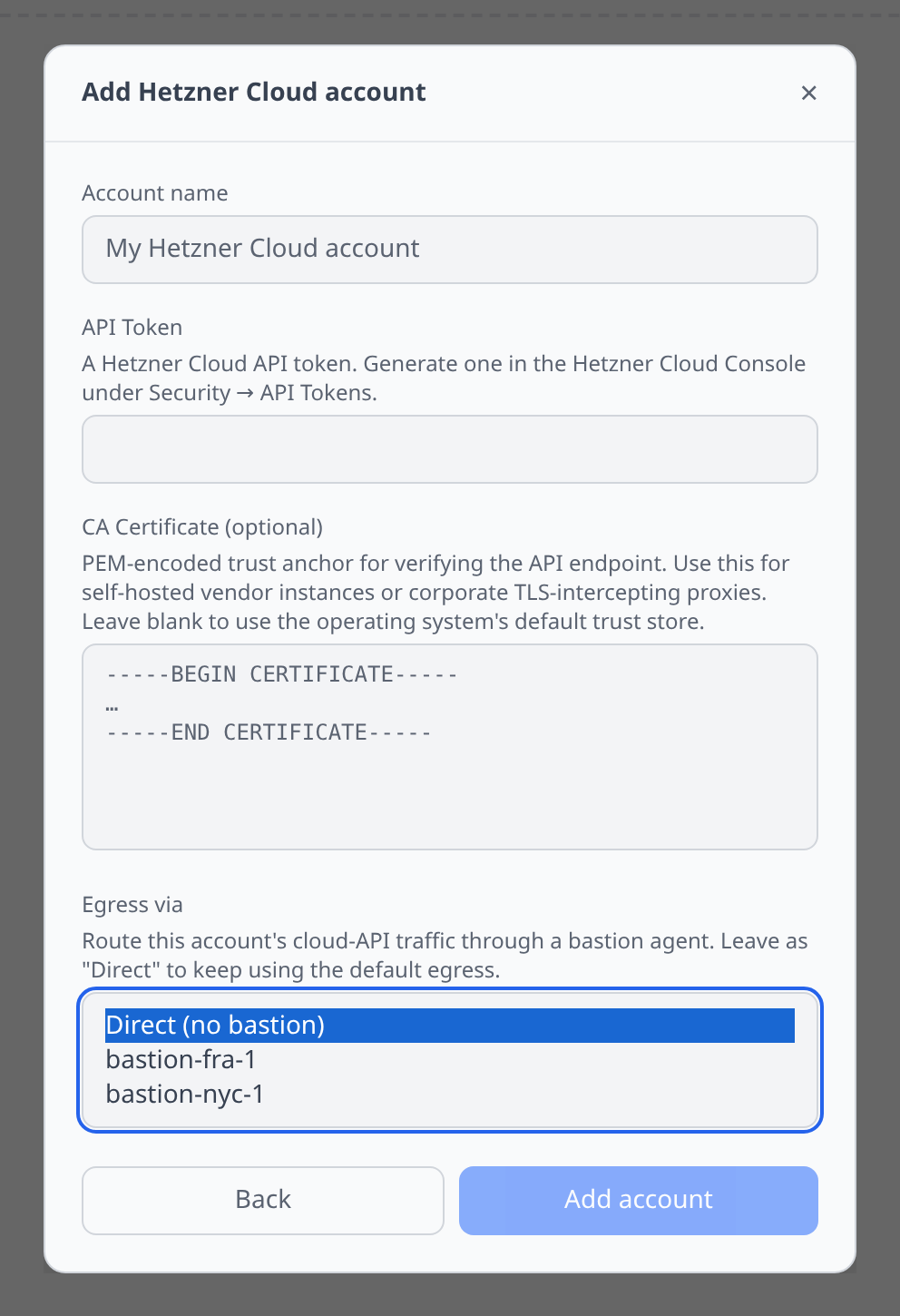 Add account modal in the credentials step with the "Egress via" dropdown expanded showing "Direct (no bastion)" and the user's registered bastions.