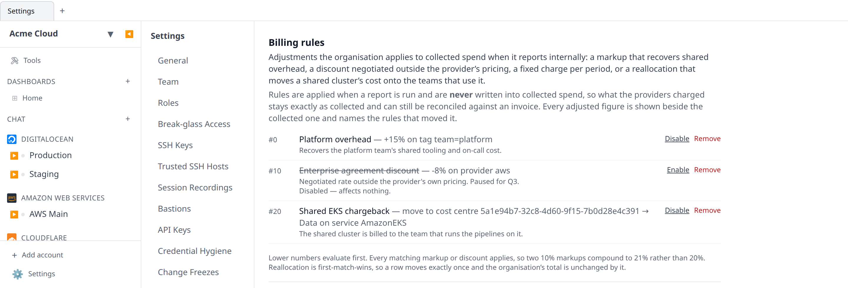 The Settings → Billing Rules page showing three rules — a +15% platform overhead markup, a disabled -8% discount, and a reallocation moving AmazonEKS spend to the Data cost centre — with the priority number and one-line summary on each row