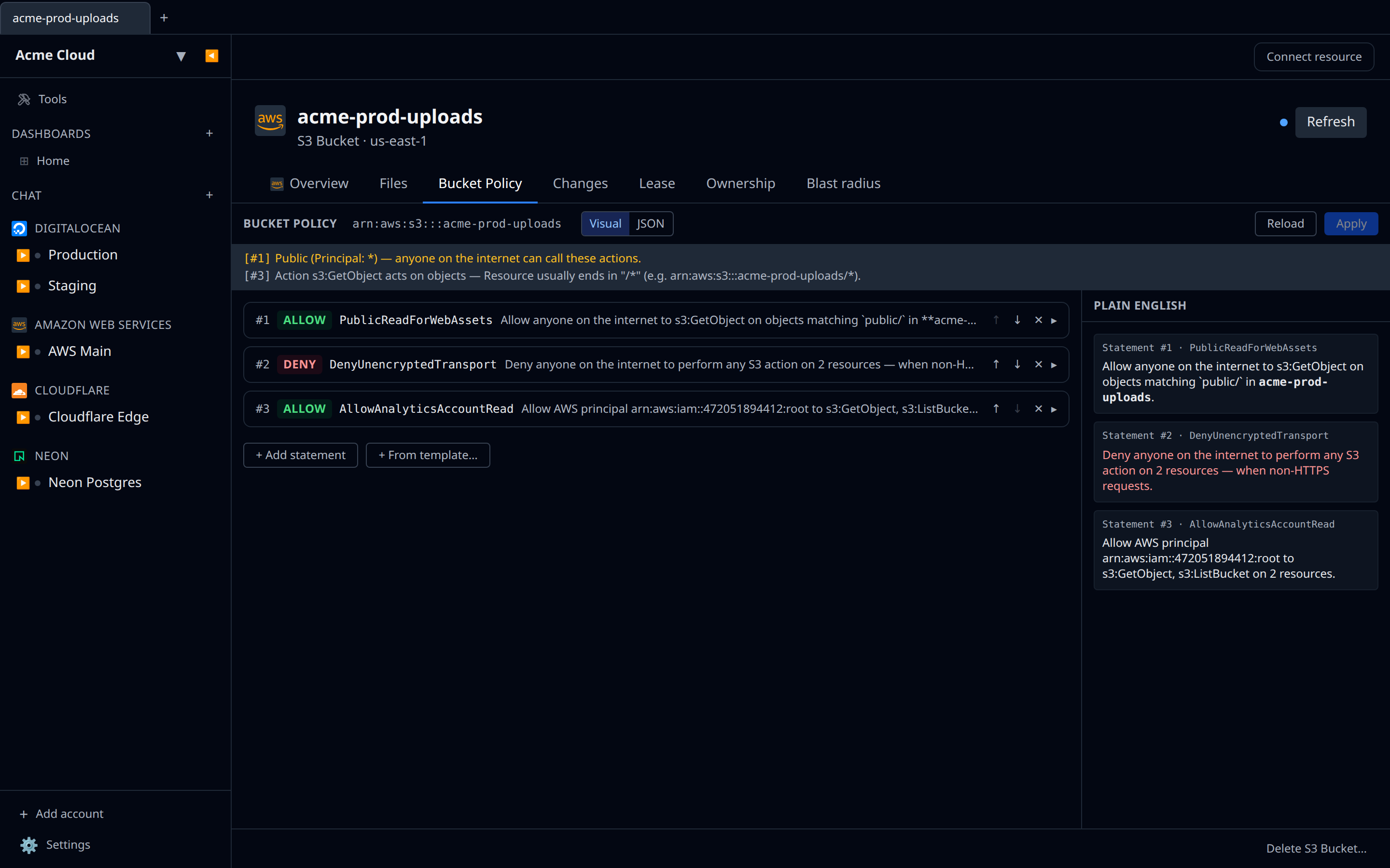 Bucket policy editor showing the visual statement list with a Plain English side panel