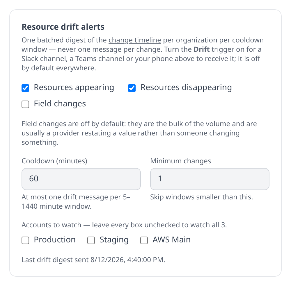Settings → Notifications page showing the Resource drift alerts card: the three change-kind checkboxes with Field changes unchecked, the cooldown and minimum-changes fields, and the account checkboxes