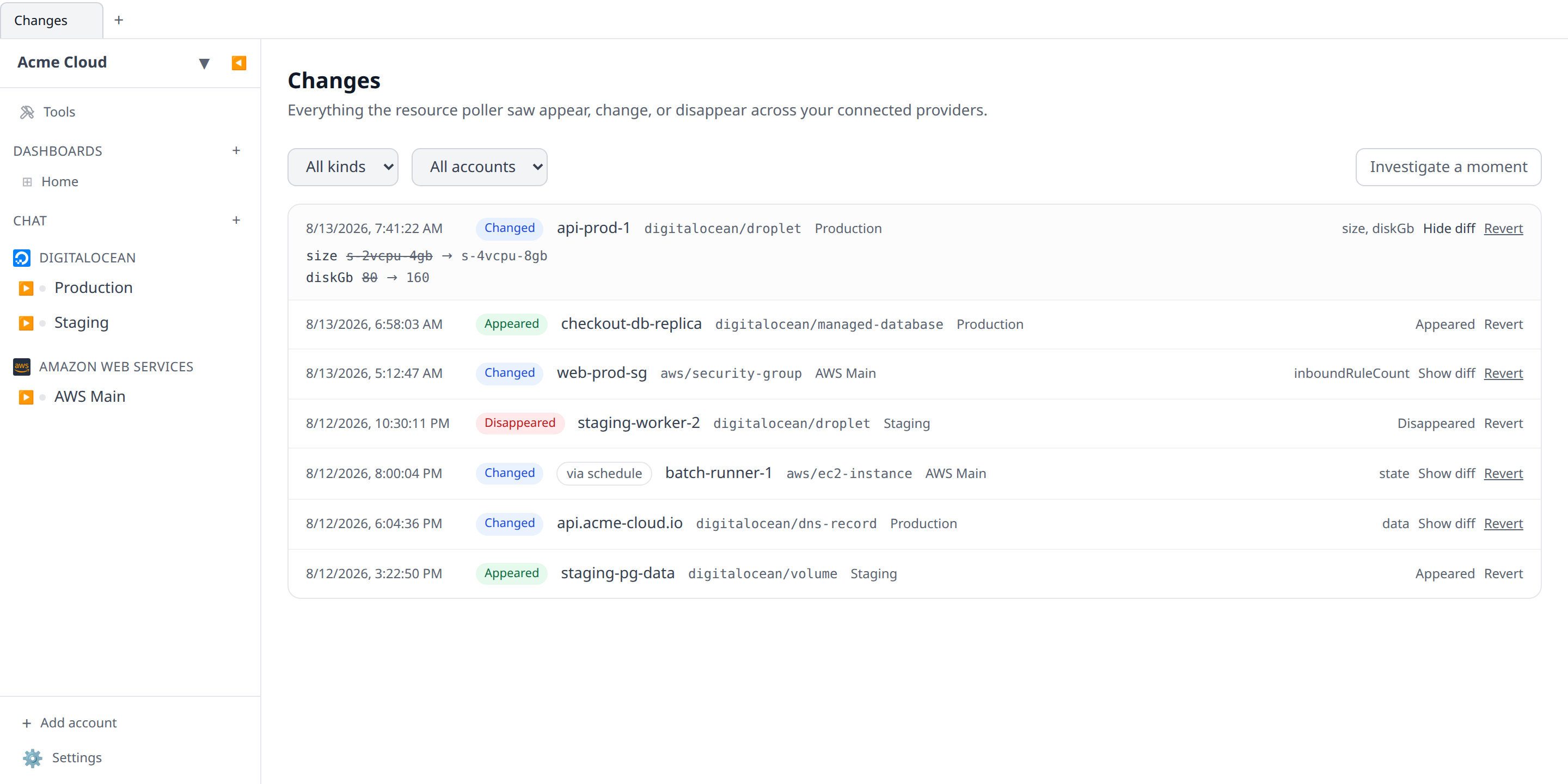 The org-level Changes feed page with a mix of Appeared/Changed/Disappeared rows, one row expanded to show a field diff