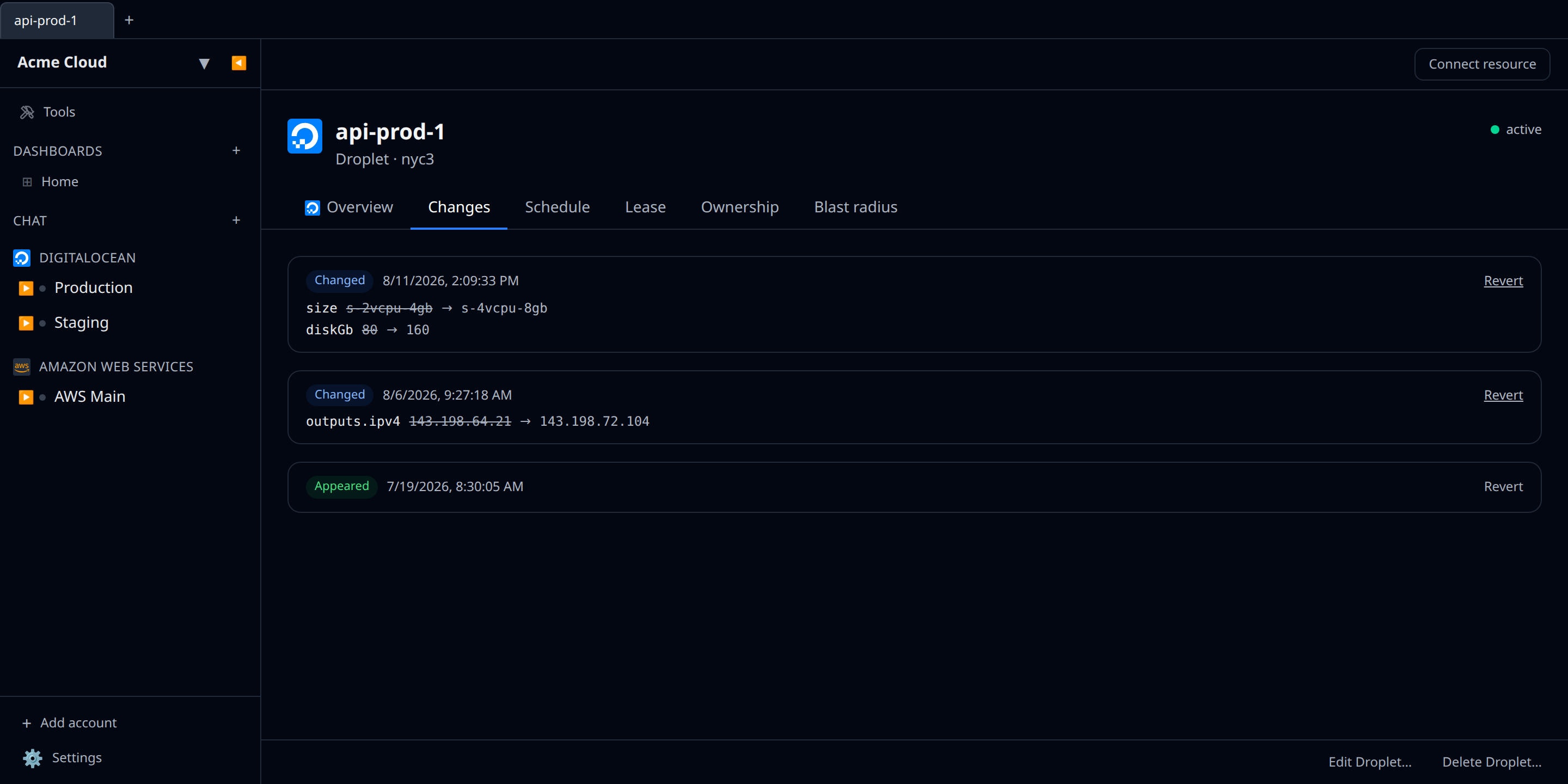 A resource detail page with the Changes tab active, showing an update event with a before → after field diff