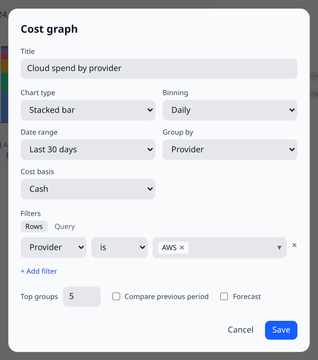 Cost graph config modal with chart type, binning, date range, group-by, and a provider filter row
