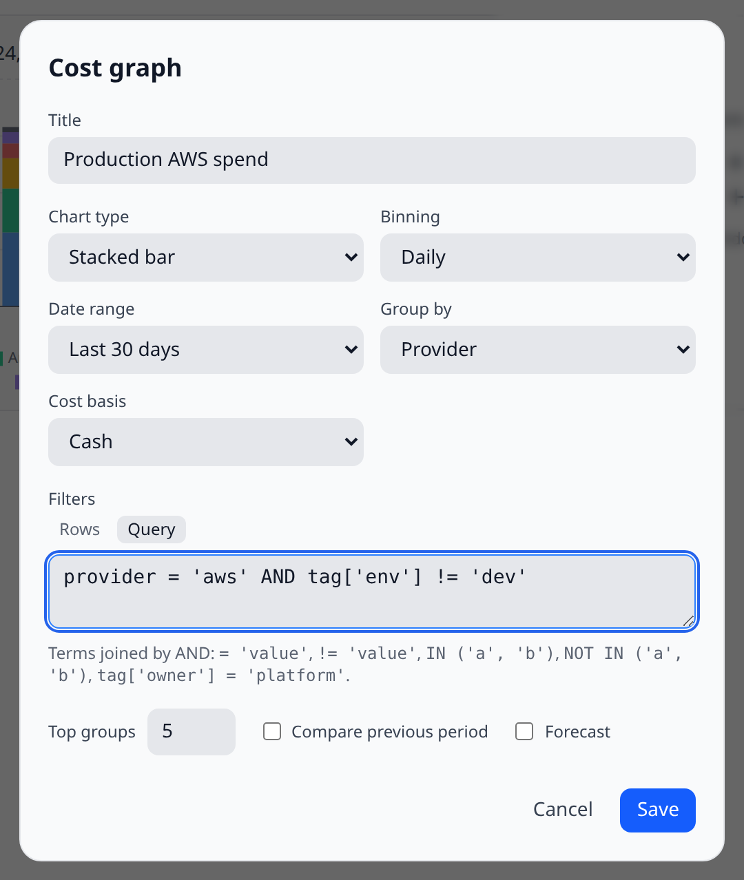 Cost graph config modal with the filter editor in Query mode, showing the text box containing provider = 'aws' AND tag['env'] != 'dev' and the Rows/Query toggle above it