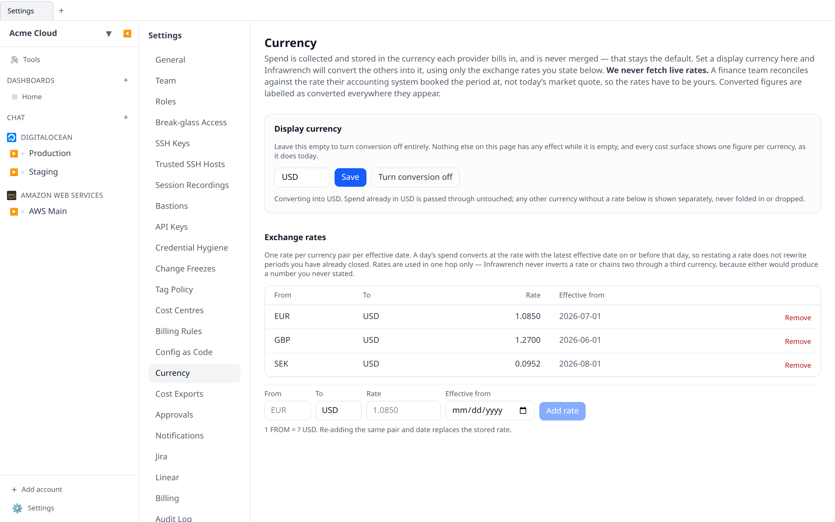 Settings → Currency page with a display currency of USD set and three exchange rate rows (EUR, GBP, SEK) with different effective dates