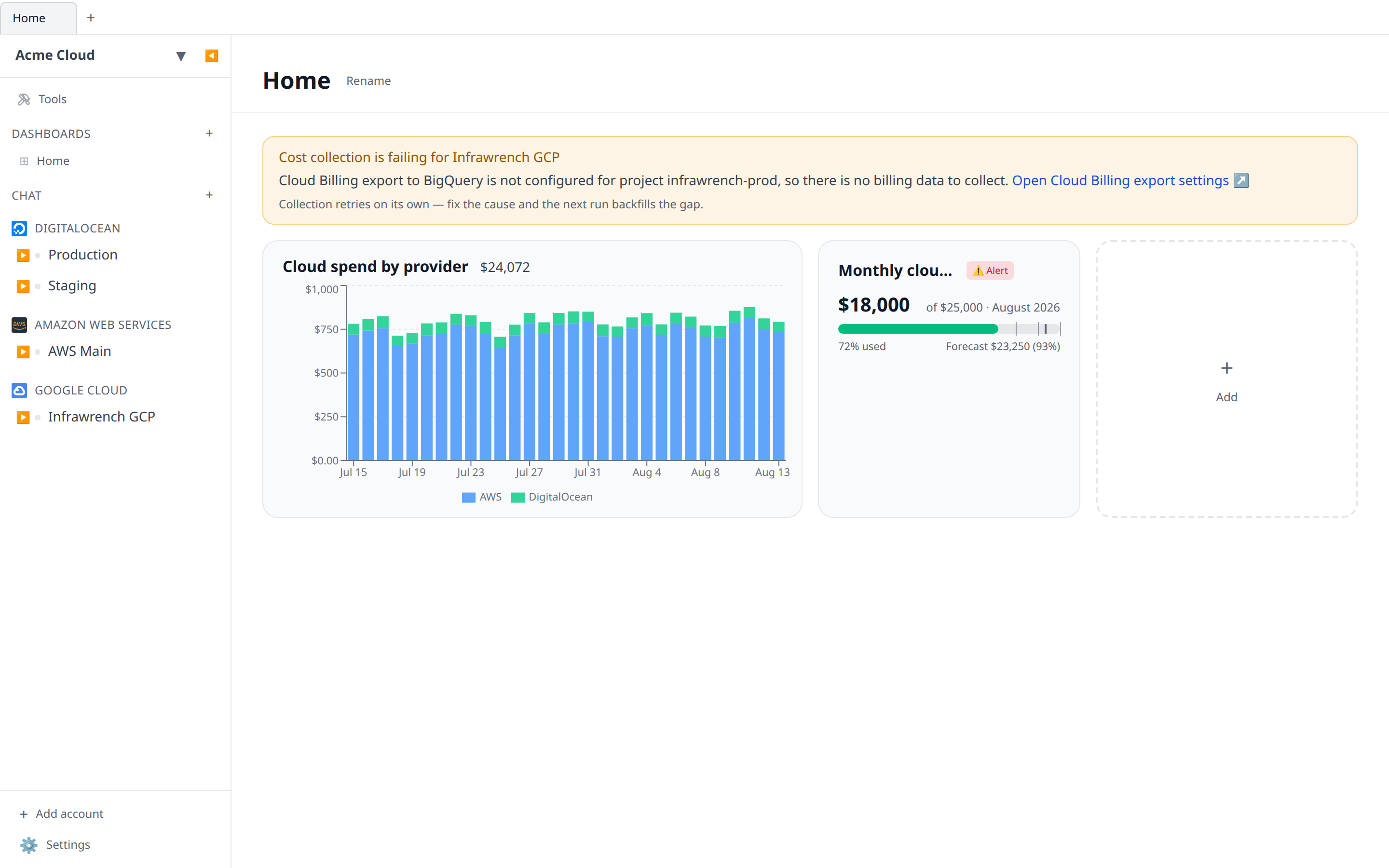 Dashboard with an amber "Cost collection is failing for Infrawrench GCP" banner above the cost widgets, showing the billing-export message and its link