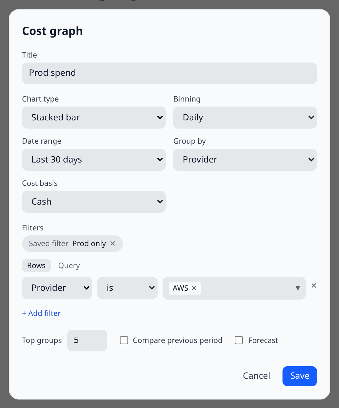 The cost graph editor's Filters section with a "Prod only" saved-filter chip applied above the filter rows