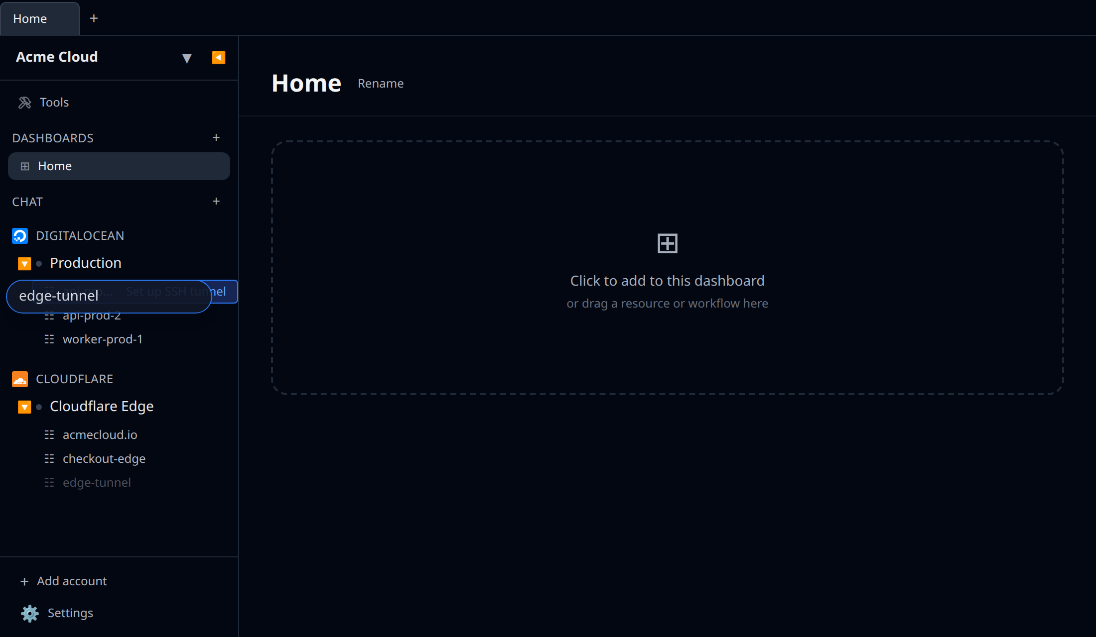 Dragging a Cloudflare Tunnel onto a server resource in the sidebar, showing the "Set up SSH tunnel" drop hint