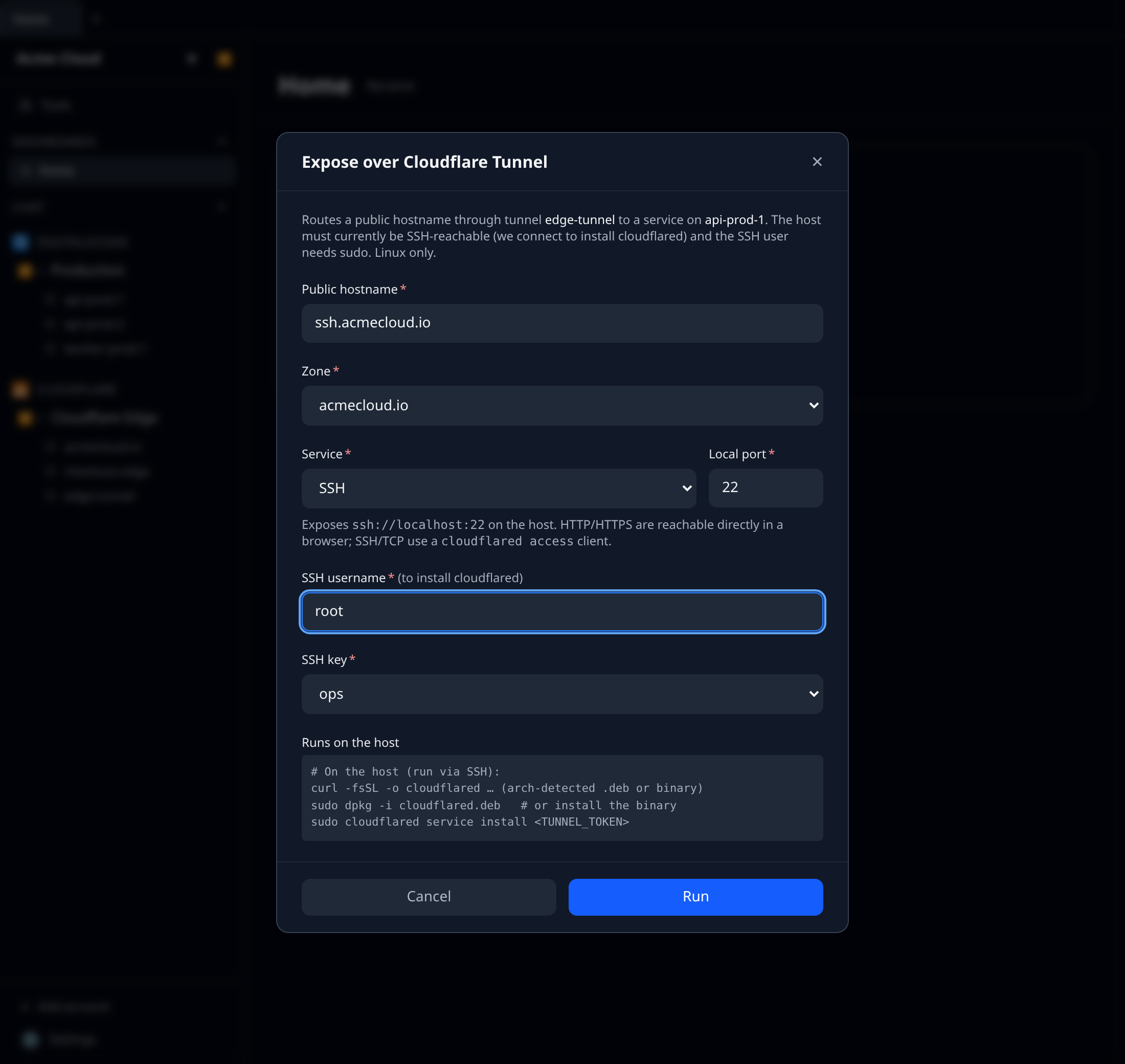 The Set up SSH over tunnel modal with hostname, zone, SSH username, SSH key fields and the install-script preview