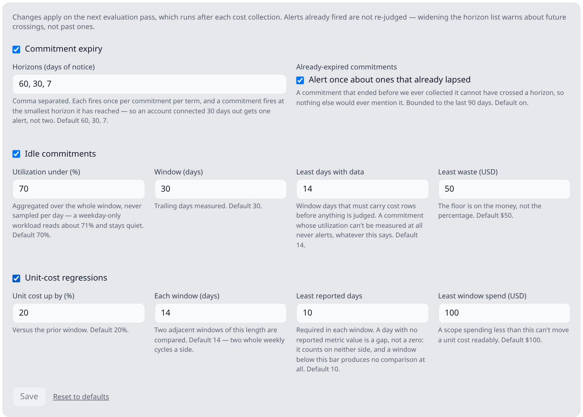 The Tune alerts panel expanded, showing all three groups: expiry horizons (60, 30, 7) with the already-expired checkbox, the idle thresholds (70%, 30-day window, 14 measured days, $50 waste floor), and the unit-cost thresholds (20%, 14-day windows, 10 reported days, $100 spend floor)