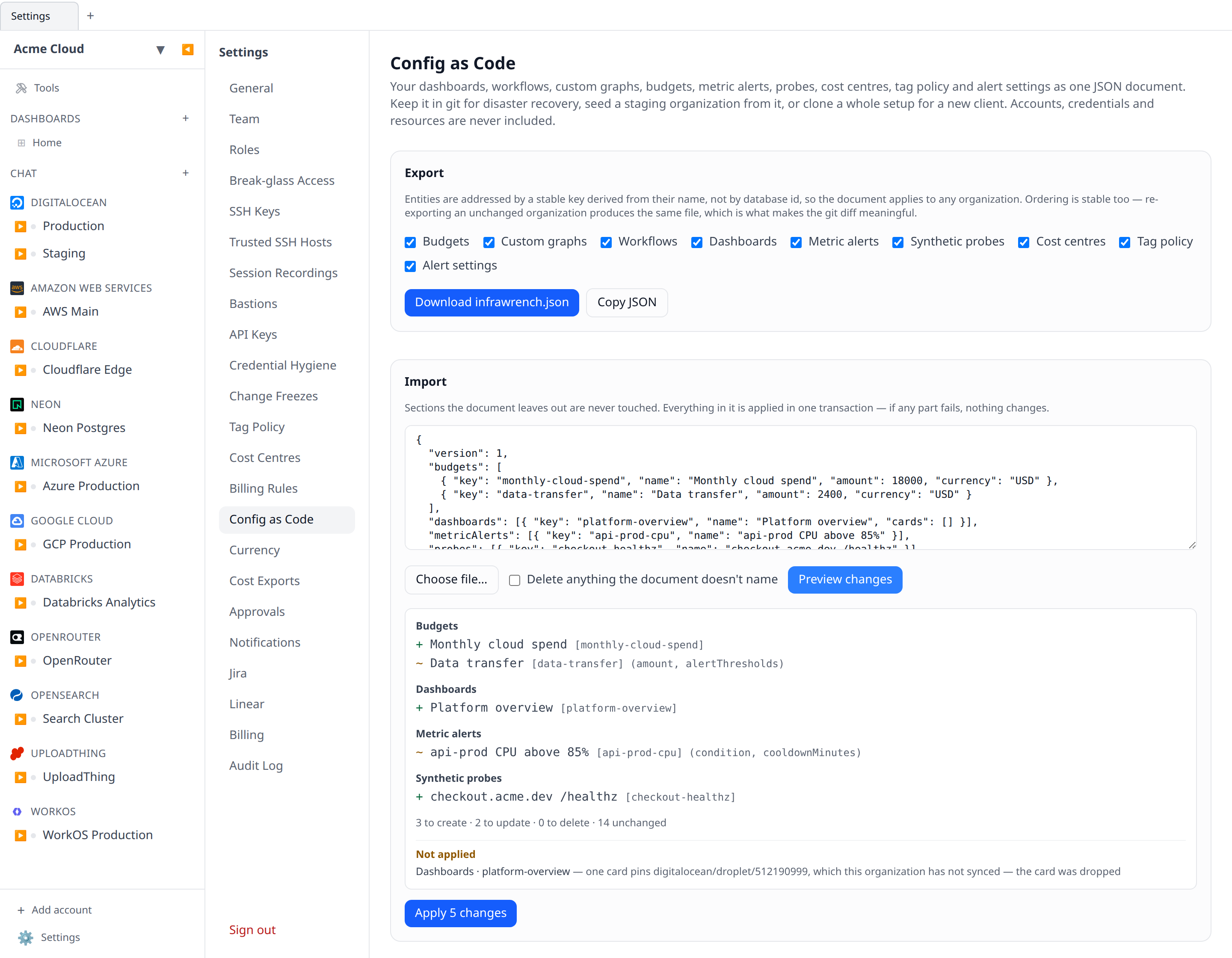 The Config as Code settings page, with the export section's checkboxes and the import panel showing a plan