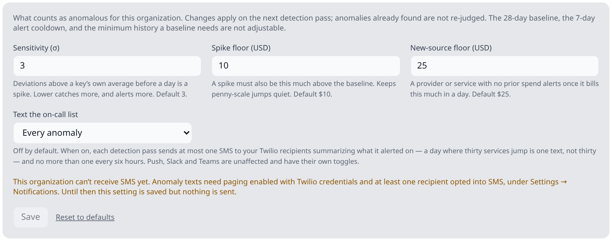 Tuning panel with "Text the on-call list" set to "Every anomaly" on an org with no Twilio credentials, showing the amber warning that the organization can't receive SMS yet