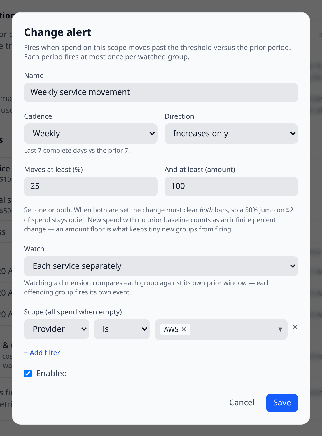Change alert editor modal with a weekly cadence selected, both thresholds filled in (25% and $100), "Each service separately" chosen in the Watch picker, and one provider filter row