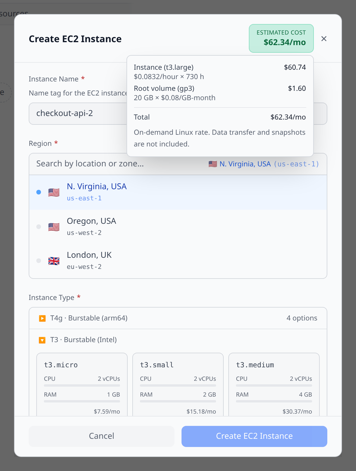 Create form for an EC2 instance with the Estimated cost badge expanded, showing the instance line, the root volume line, and the total