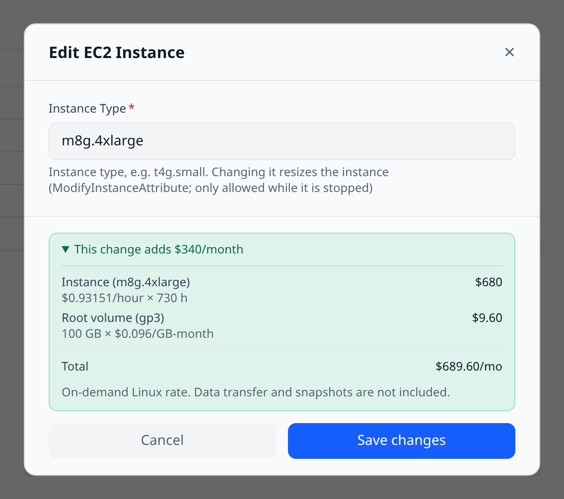 Edit dialog for a VM with the size changed, showing the "This change adds $340/month" line expanded to reveal the new cost breakdown