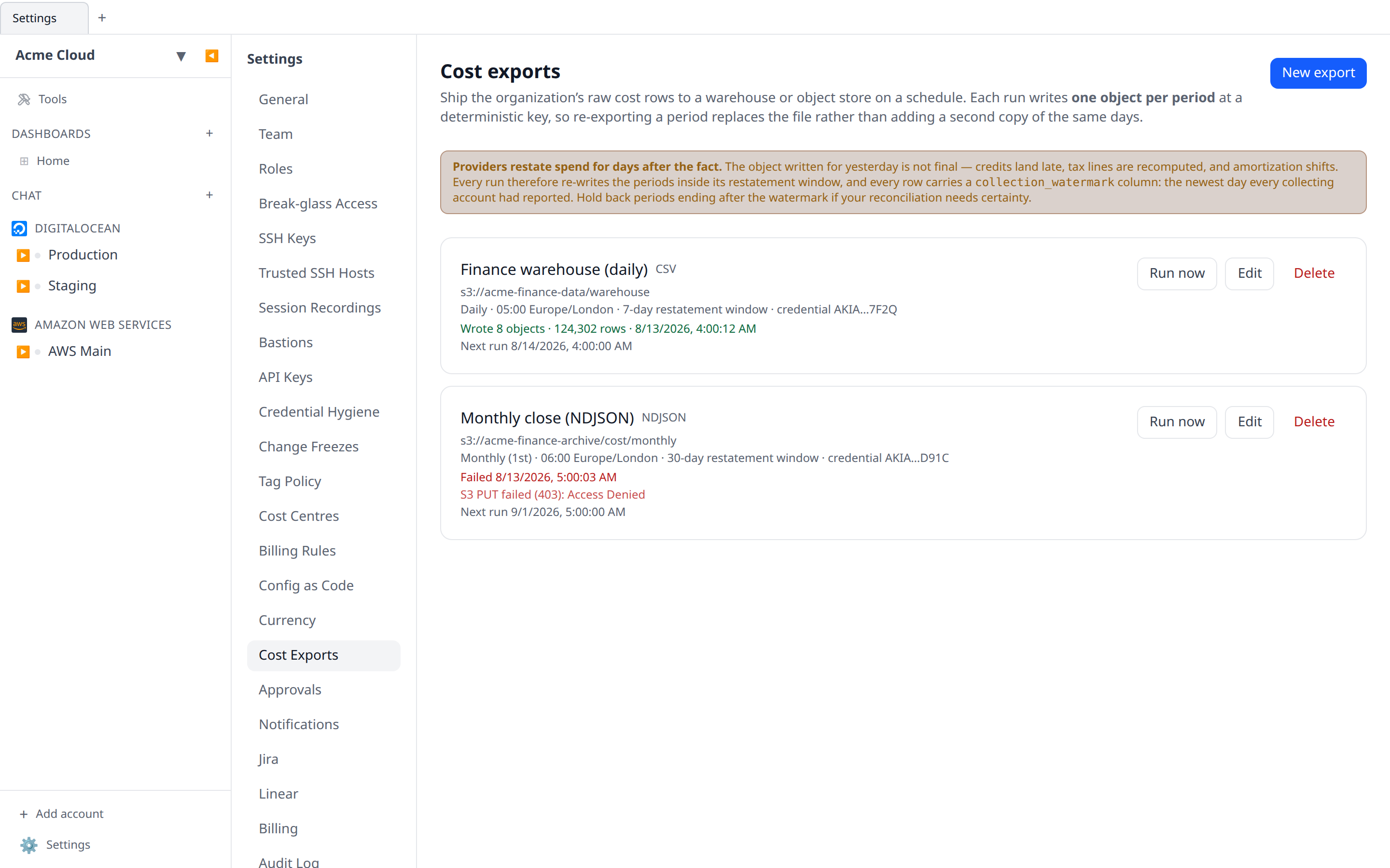 Settings → Cost Exports with two exports listed: one succeeded showing object and row counts, one failed showing a red "S3 PUT failed (403): Access Denied" line