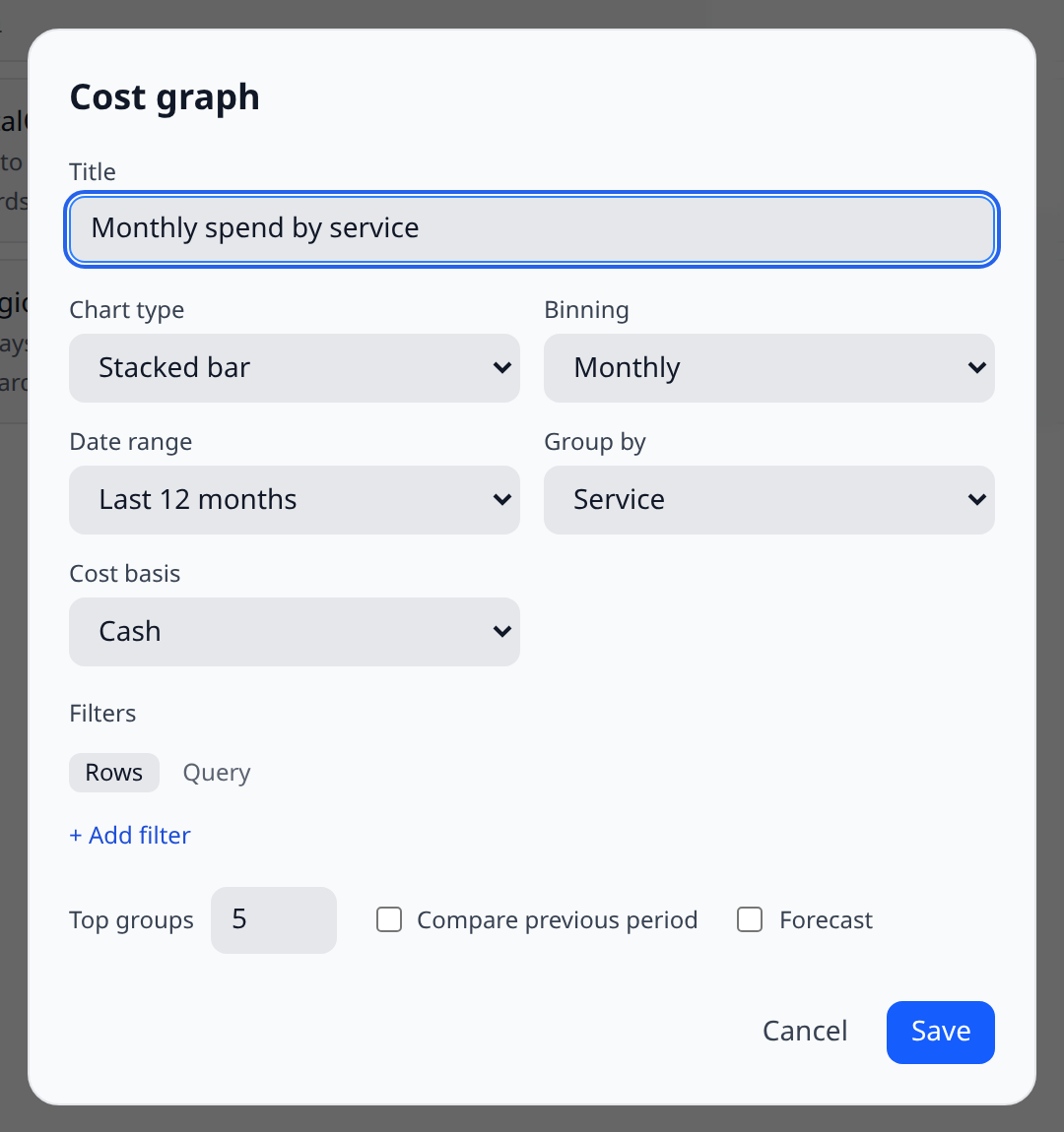 The cost graph editor opened from the Reports page, with a name field filled in as "Monthly spend by service"