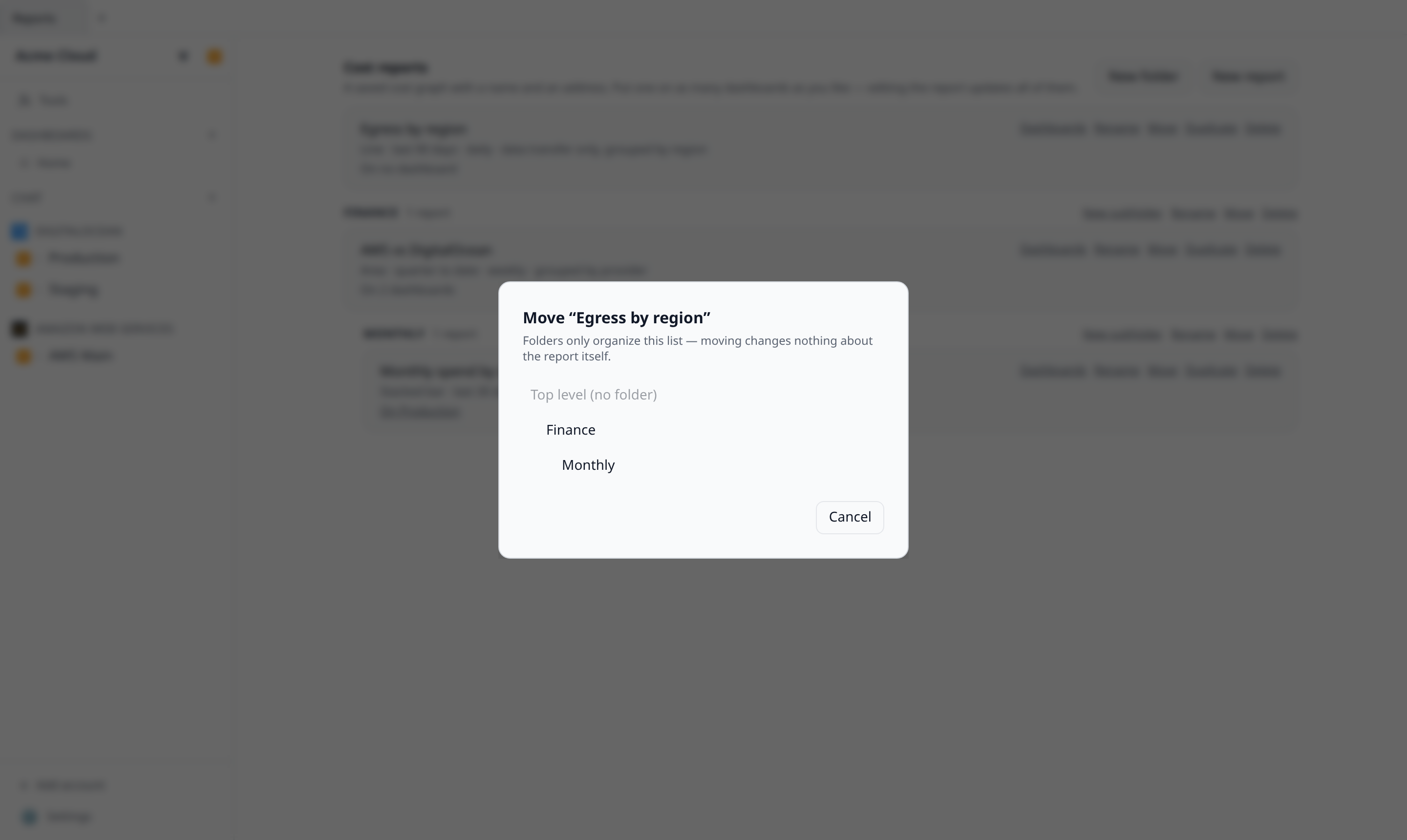 Reports page with reports grouped under a "Finance" folder and its "Monthly" subfolder, with the Move menu open on one report showing the folder targets