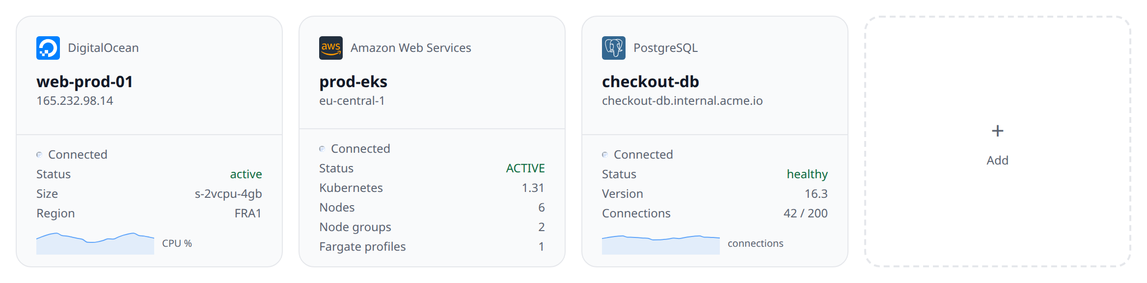 Dashboard with a Droplet card, an EKS cluster card, and a Postgres database card