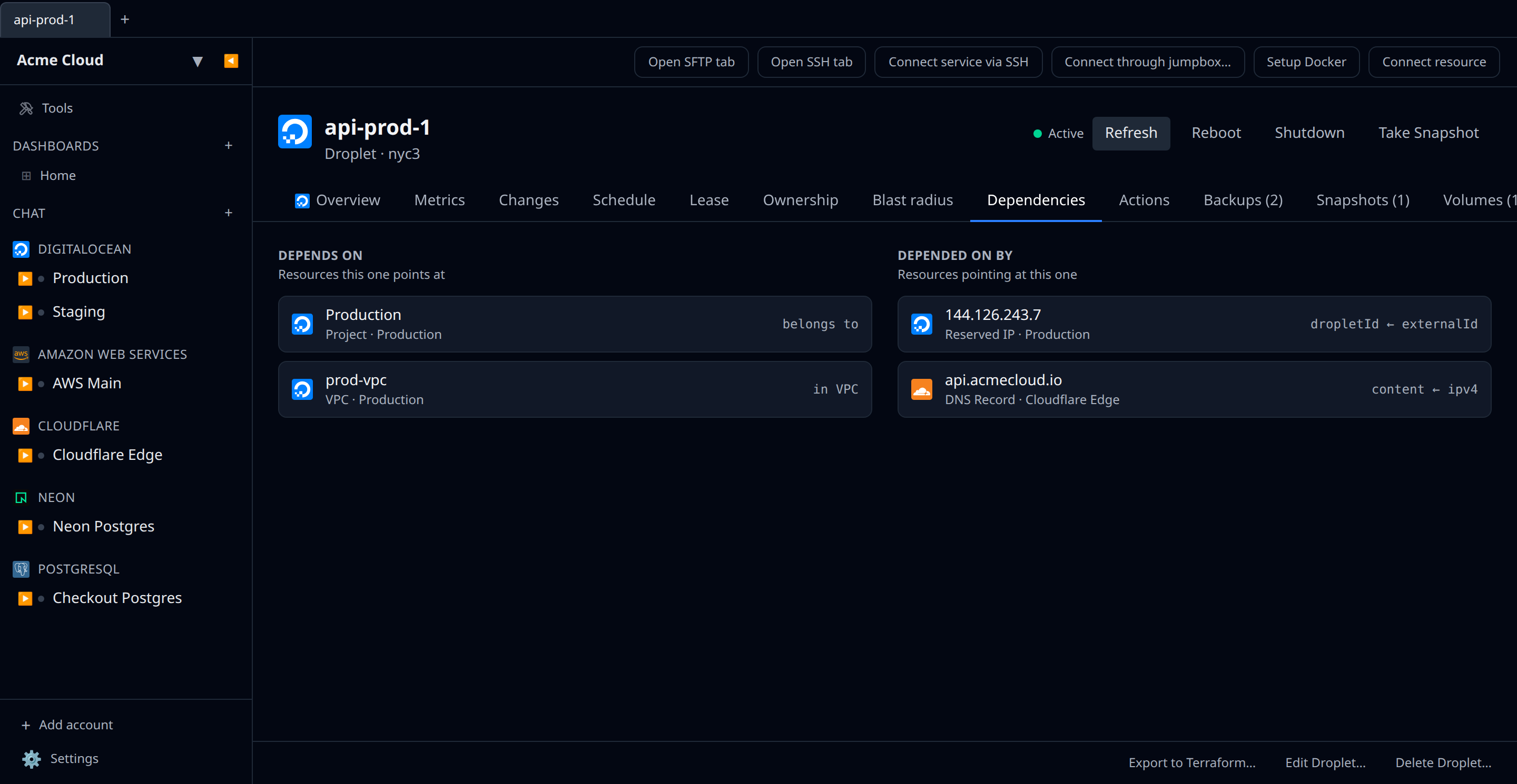 A resource detail page with the Dependencies tab open, showing a "Depends on" list and a "Depended on by" list with field ← output captions on each row