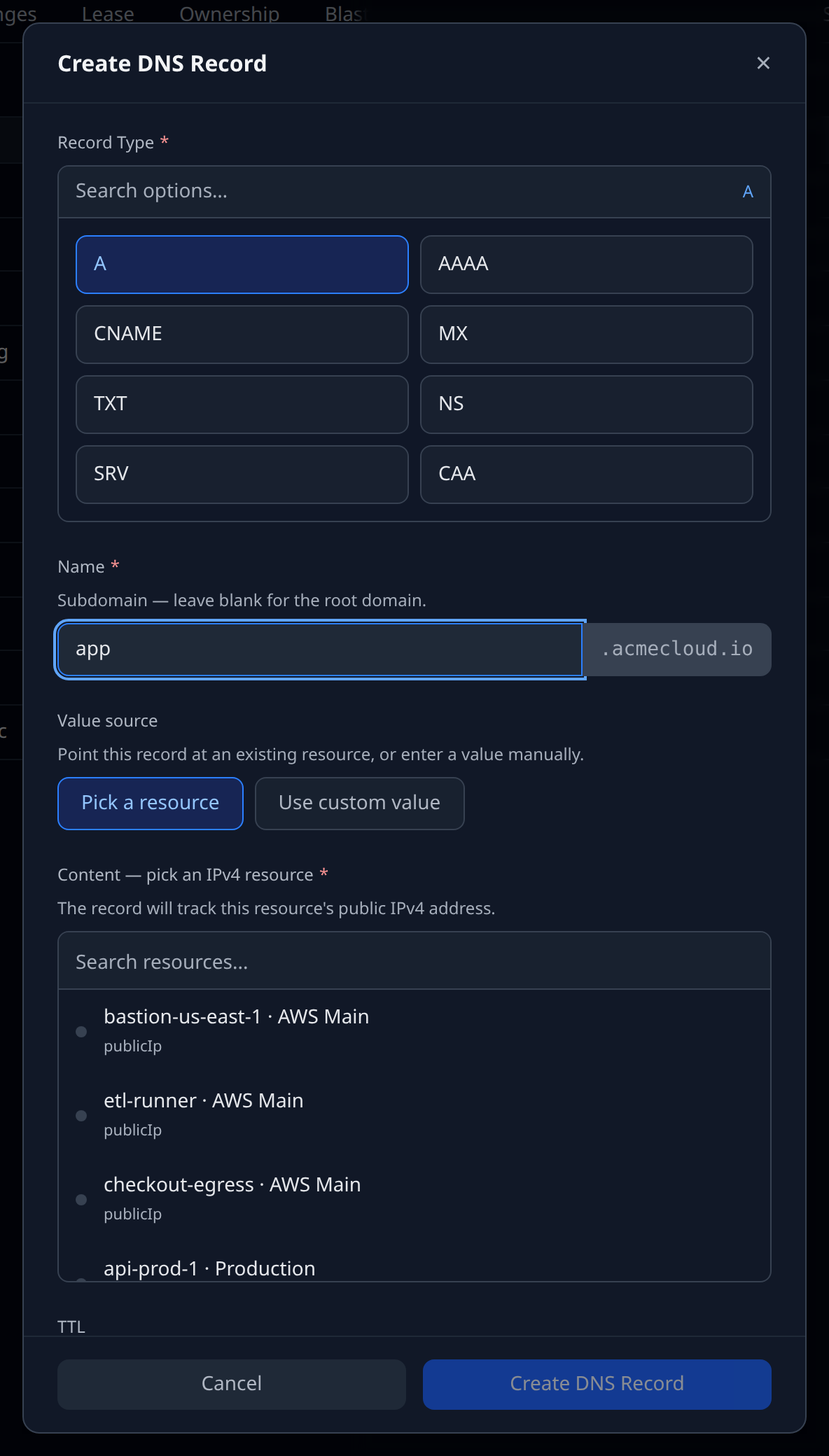 DNS record create form for an A record with the resource picker open, listing IP-producing resources across accounts