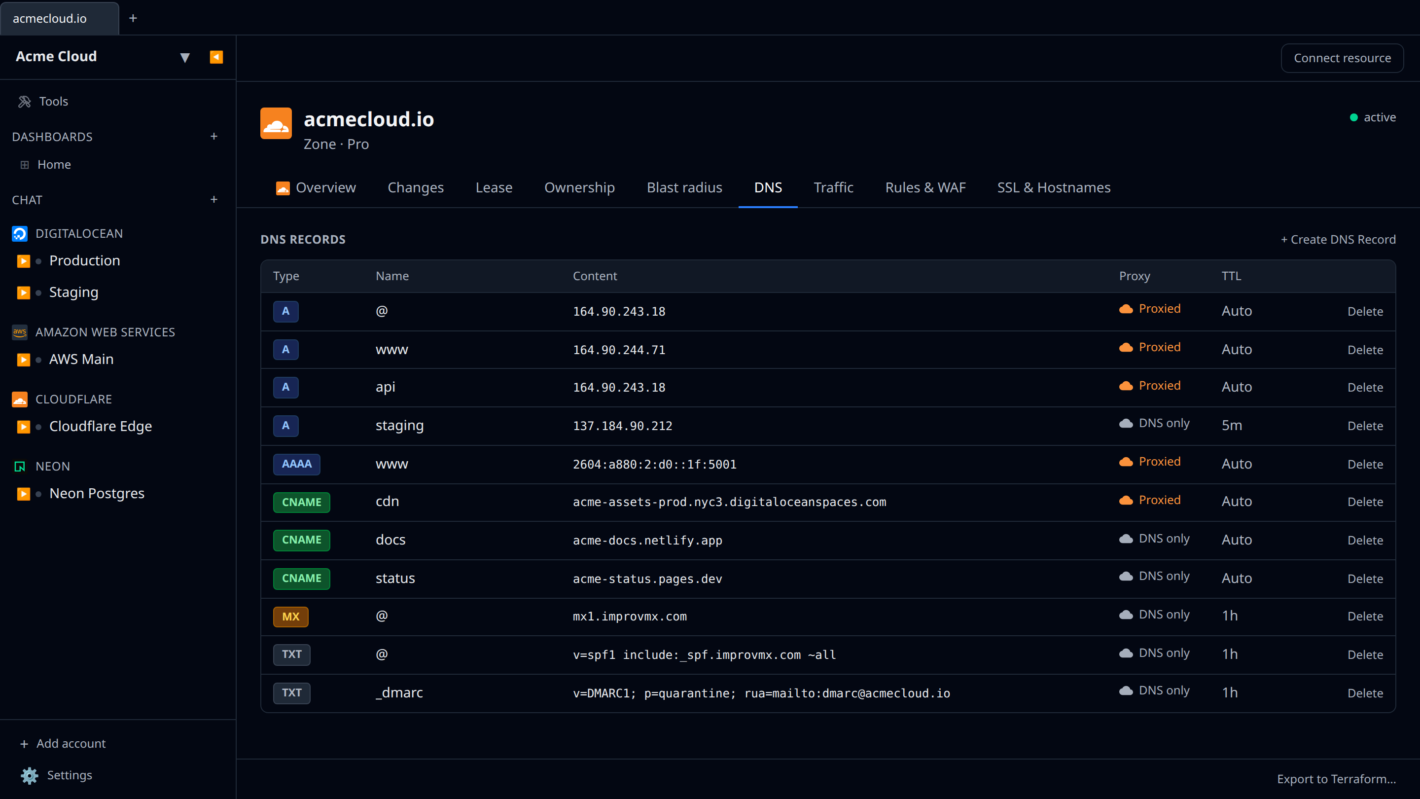 DNS zone detail page showing the DNS Records table with type badges and proxy indicators