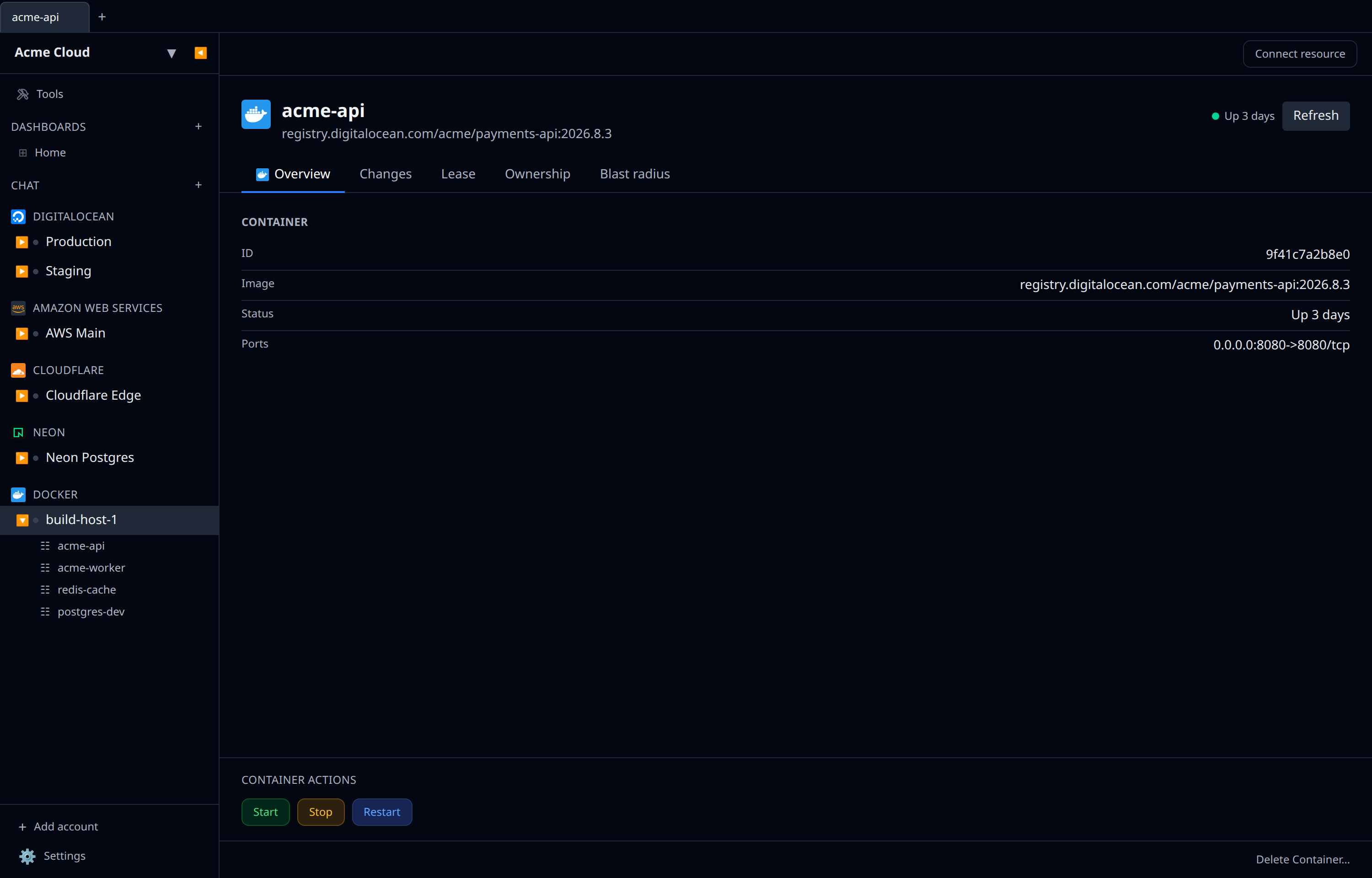 Docker container list in the sidebar with the open container's Start / Stop / Restart buttons