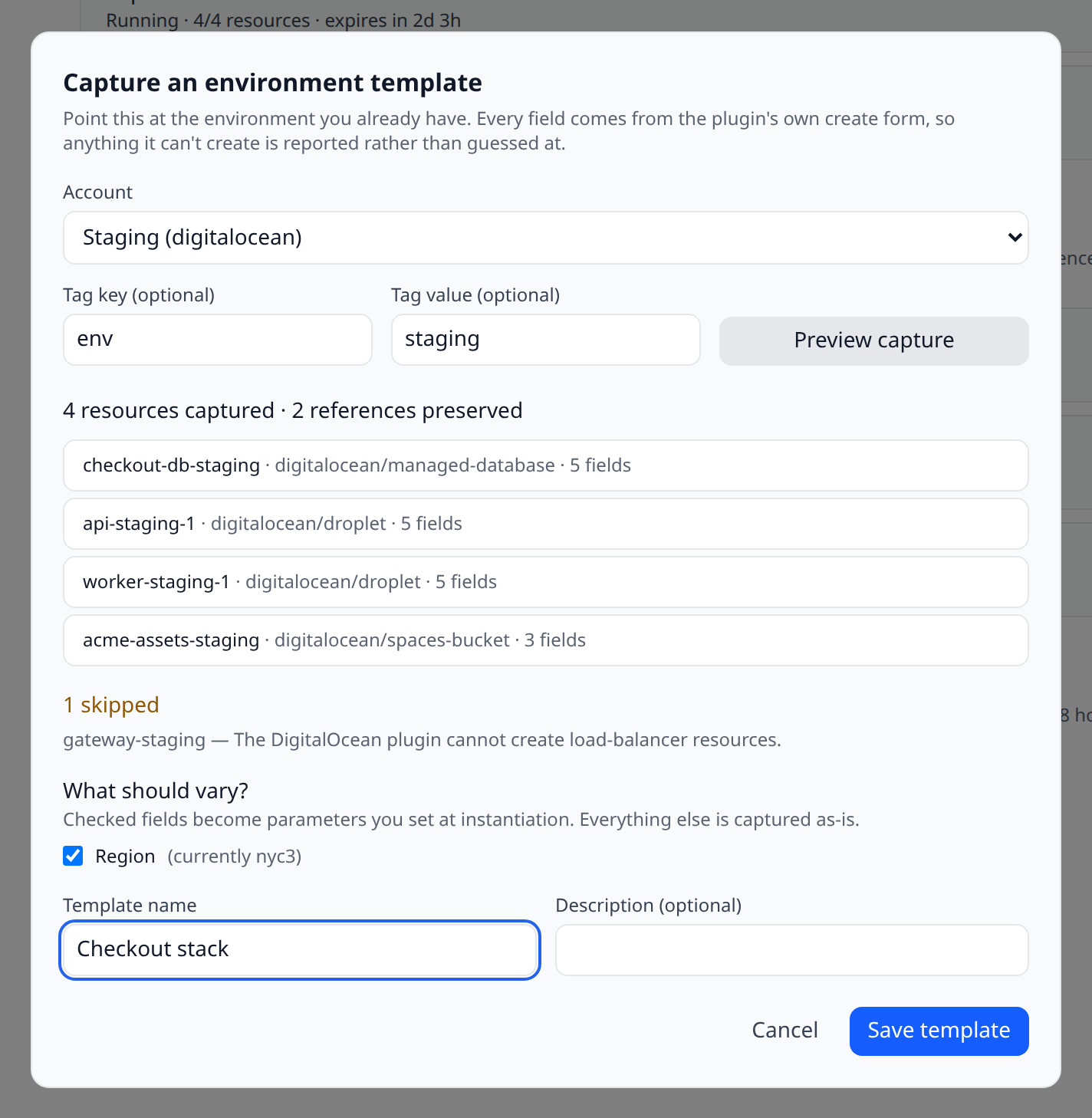 The capture preview showing four captured resources, one skipped with its reason, and a Region checkbox under "What should vary?"