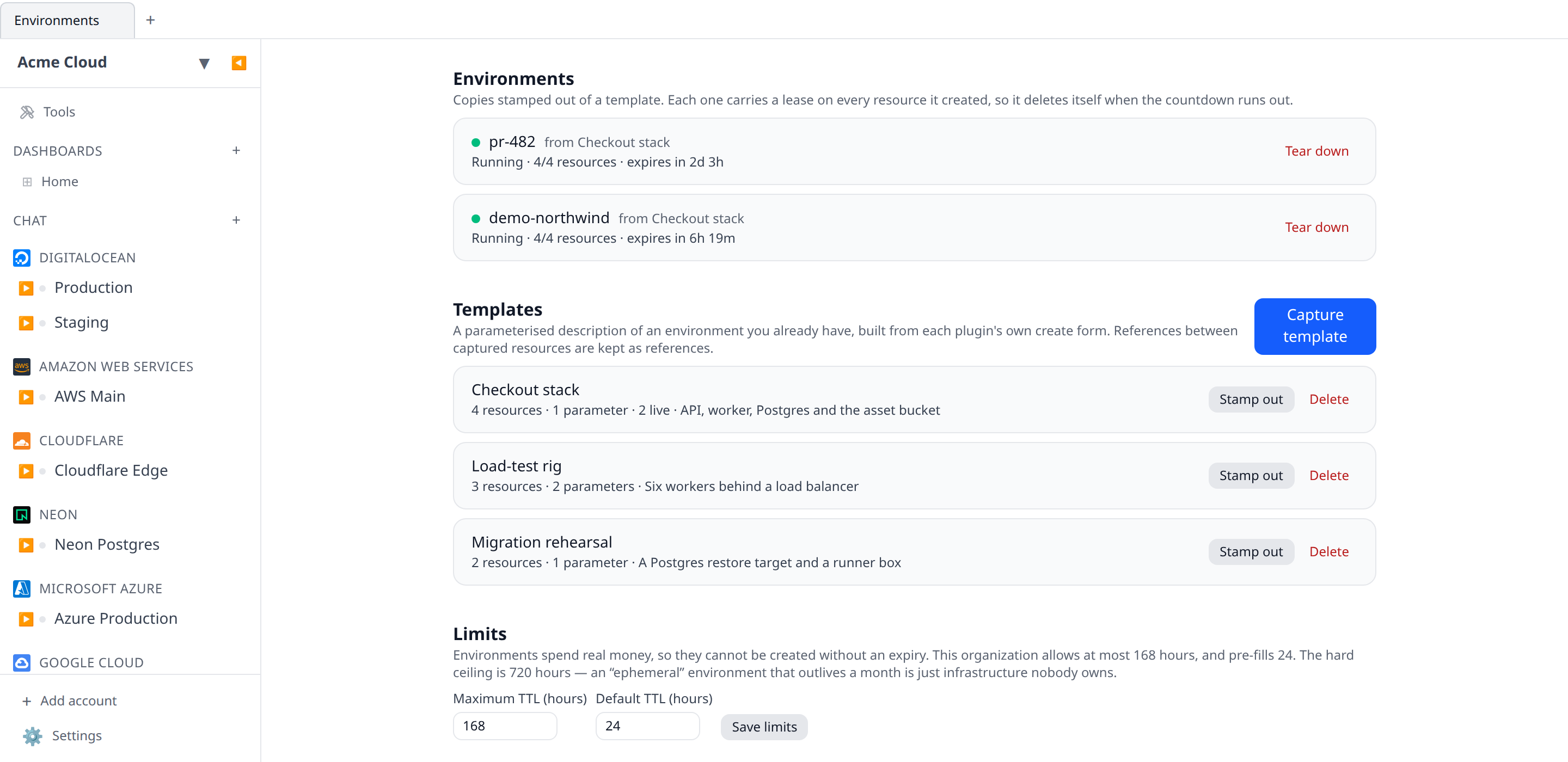The Environments page with two live environments counting down and three templates listed below them