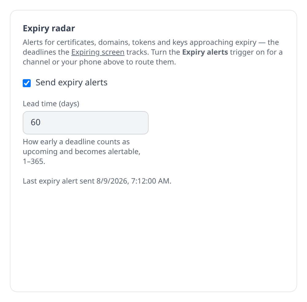 Org settings showing the Expiry radar card with the enabled toggle and lead-time input set to 60 days