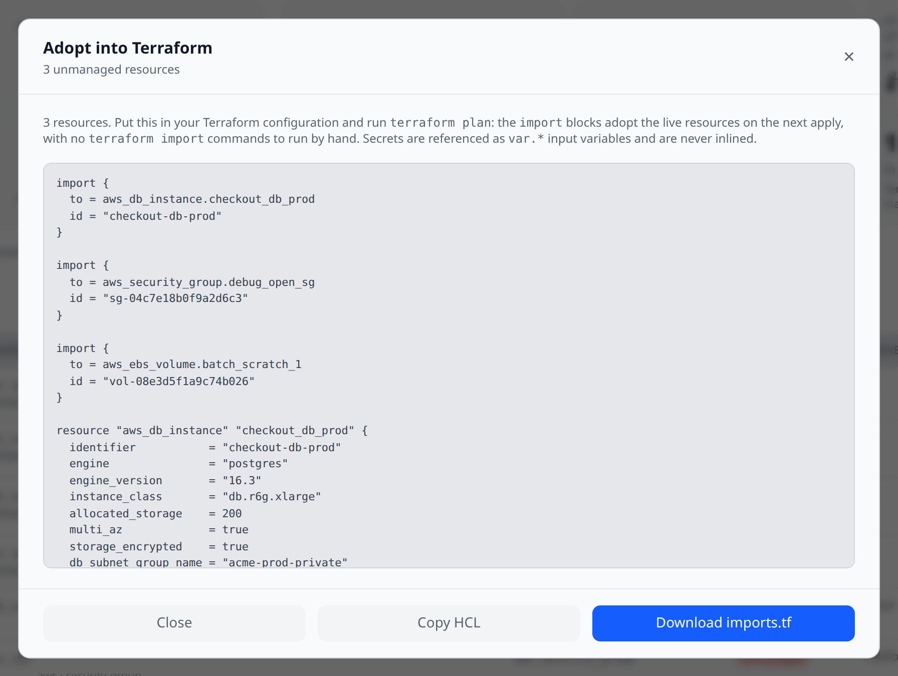 The Adopt into Terraform modal showing generated import blocks above the resource stanzas, with the Close, Copy HCL and "Download imports.tf" buttons in the footer
