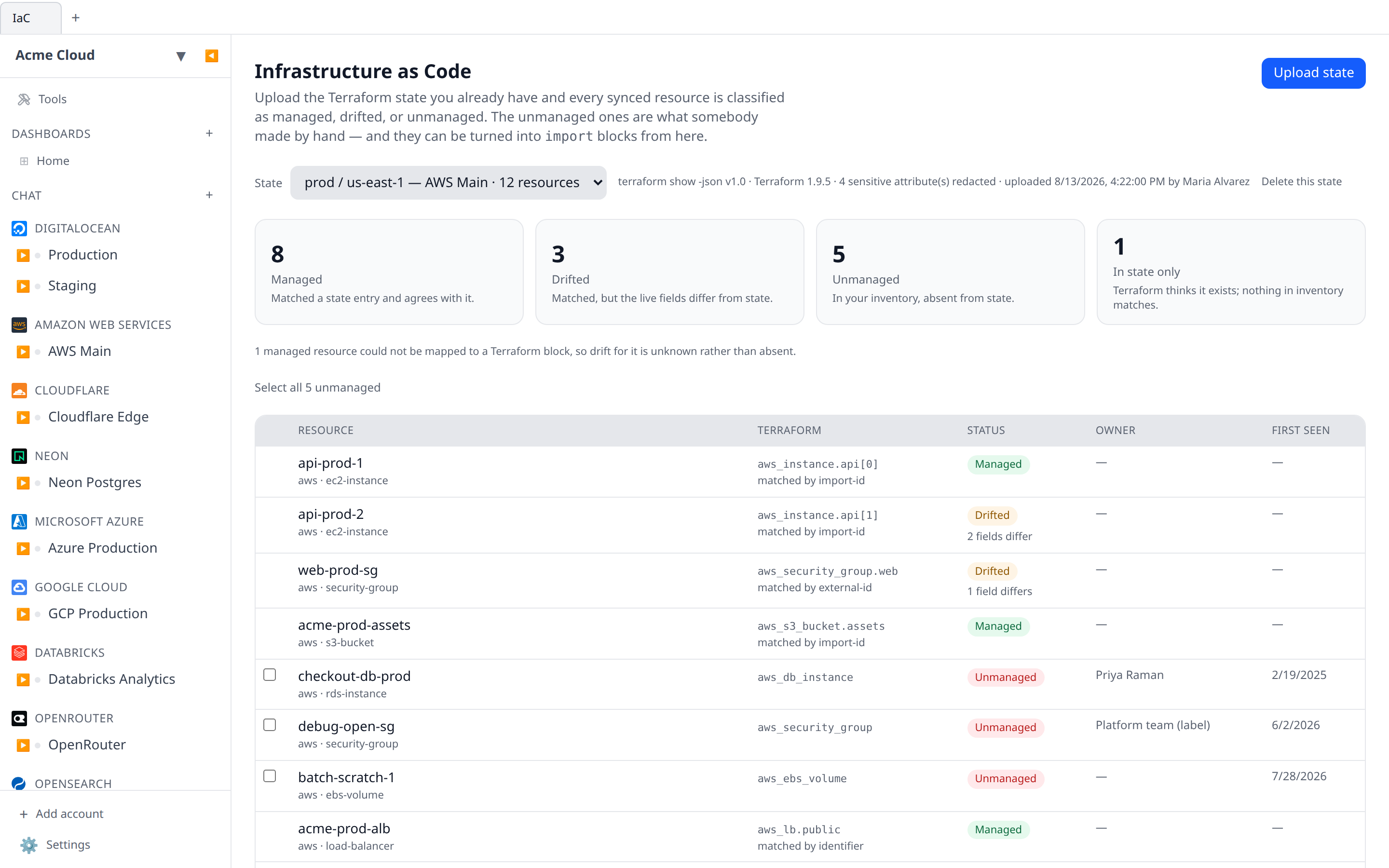 The Infrastructure as Code page with the four summary tiles across the top and the resource table below, showing a mix of managed, drifted and unmanaged rows