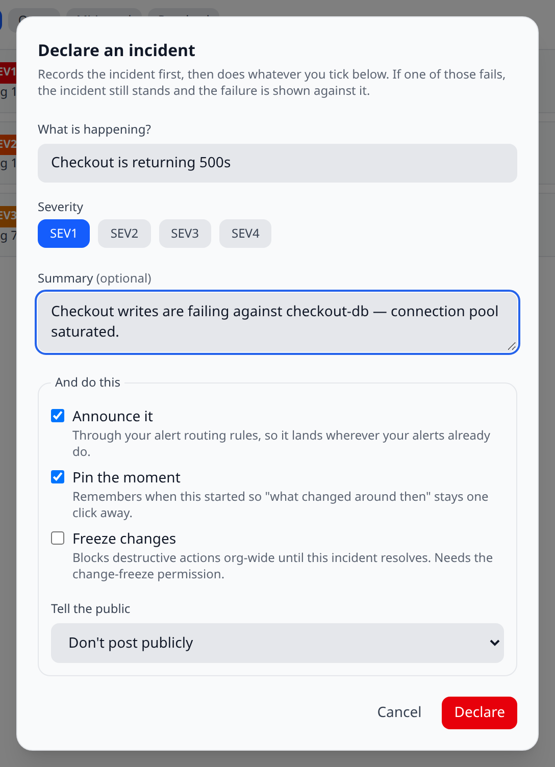 The Declare incident modal with a title filled in, SEV1 selected, and the four actions visible — three checkboxes plus the "Tell the public" status-page picker